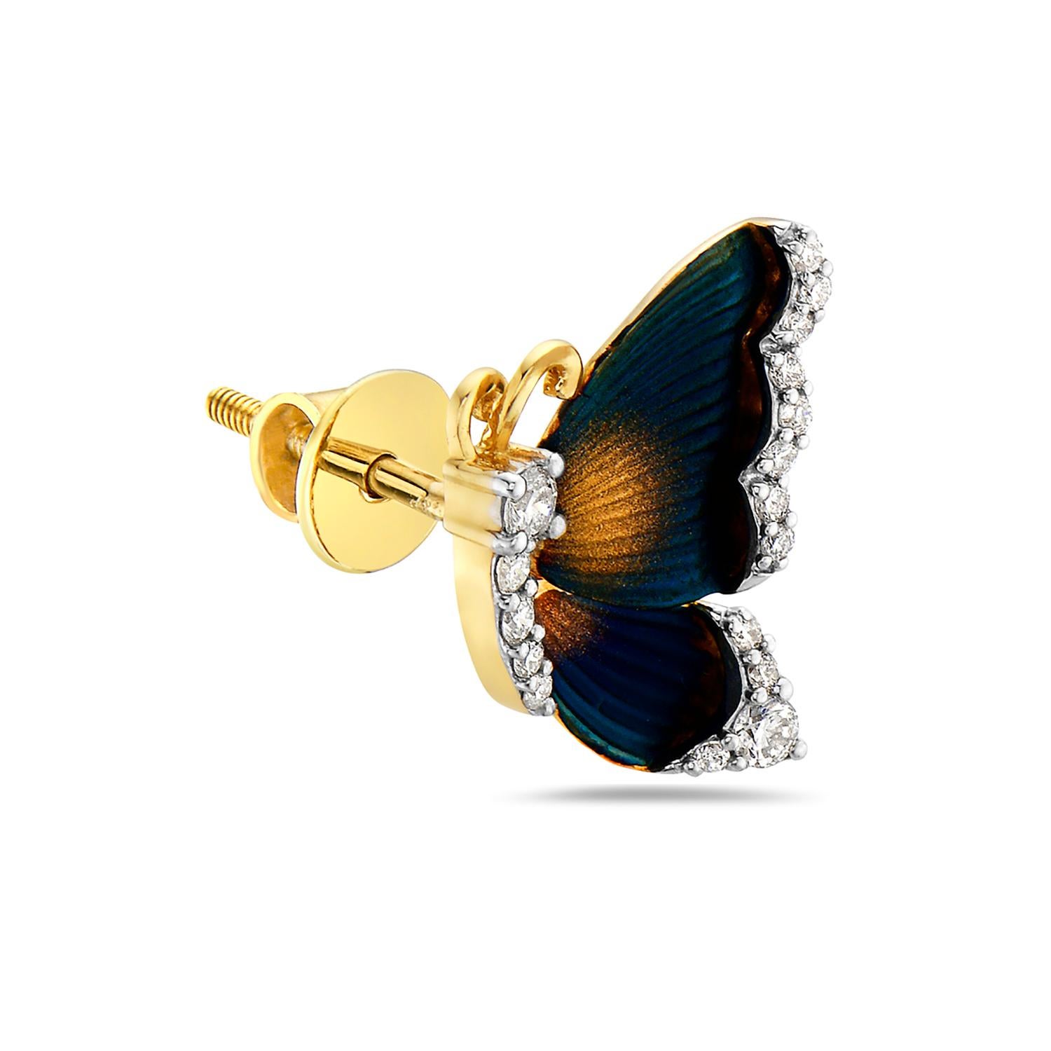 Artisan Butterfly Shaped Carved Stud Earrings Curated with Diamonds in 14k Yellow Gold For Sale