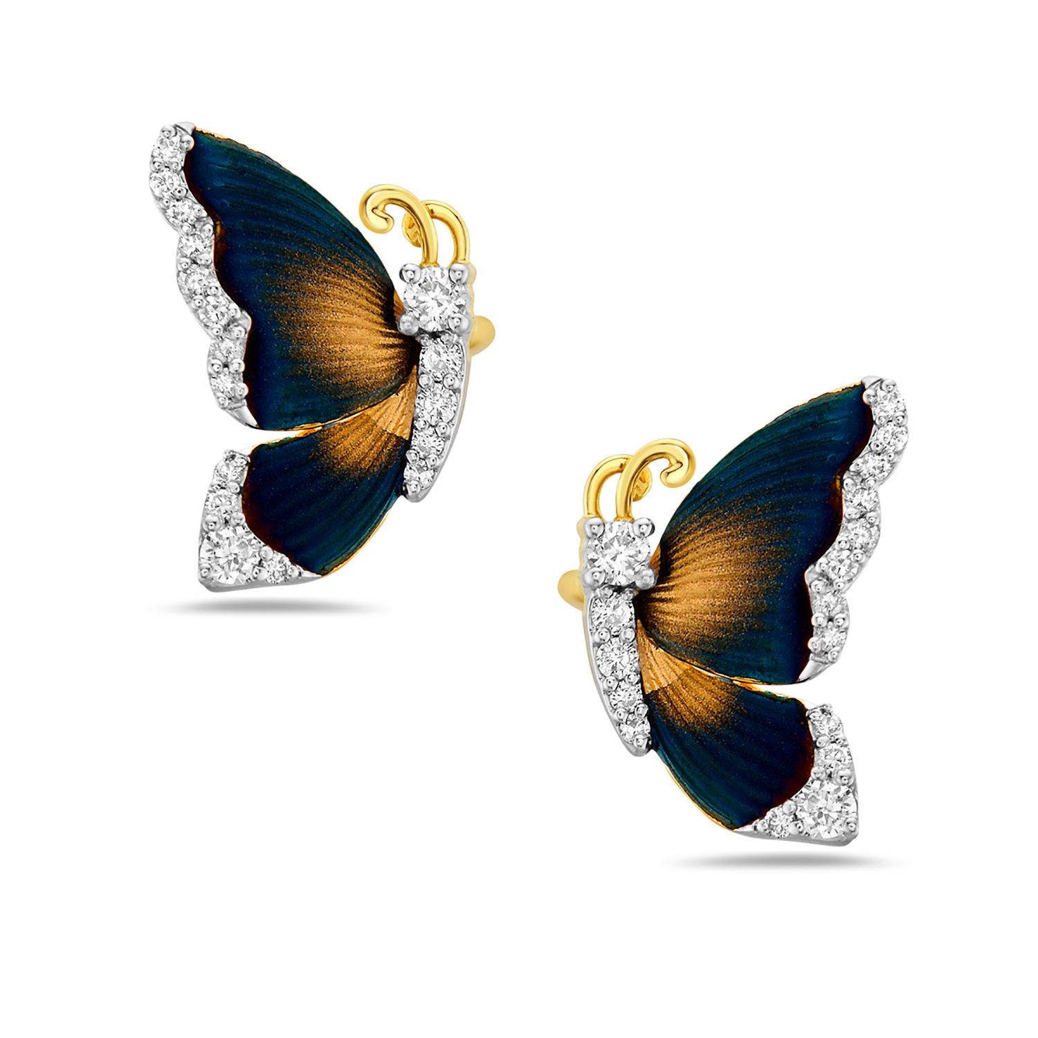 Butterfly Shaped Carved Stud Earrings Curated with Diamonds in 14k Yellow Gold In New Condition For Sale In New York, NY