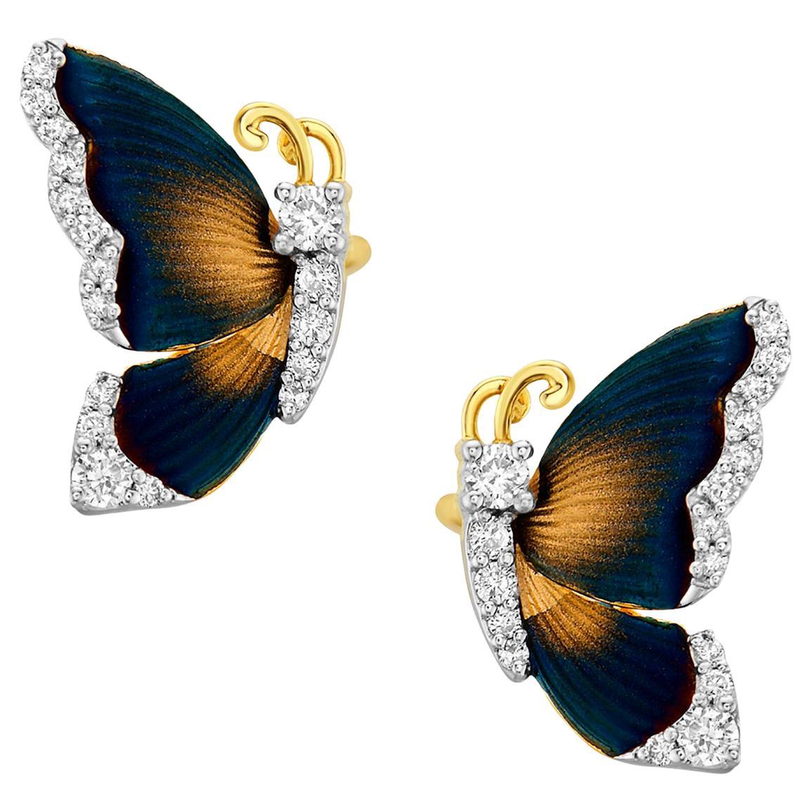Butterfly Shaped Carved Stud Earrings Curated with Diamonds in 14k Yellow Gold For Sale