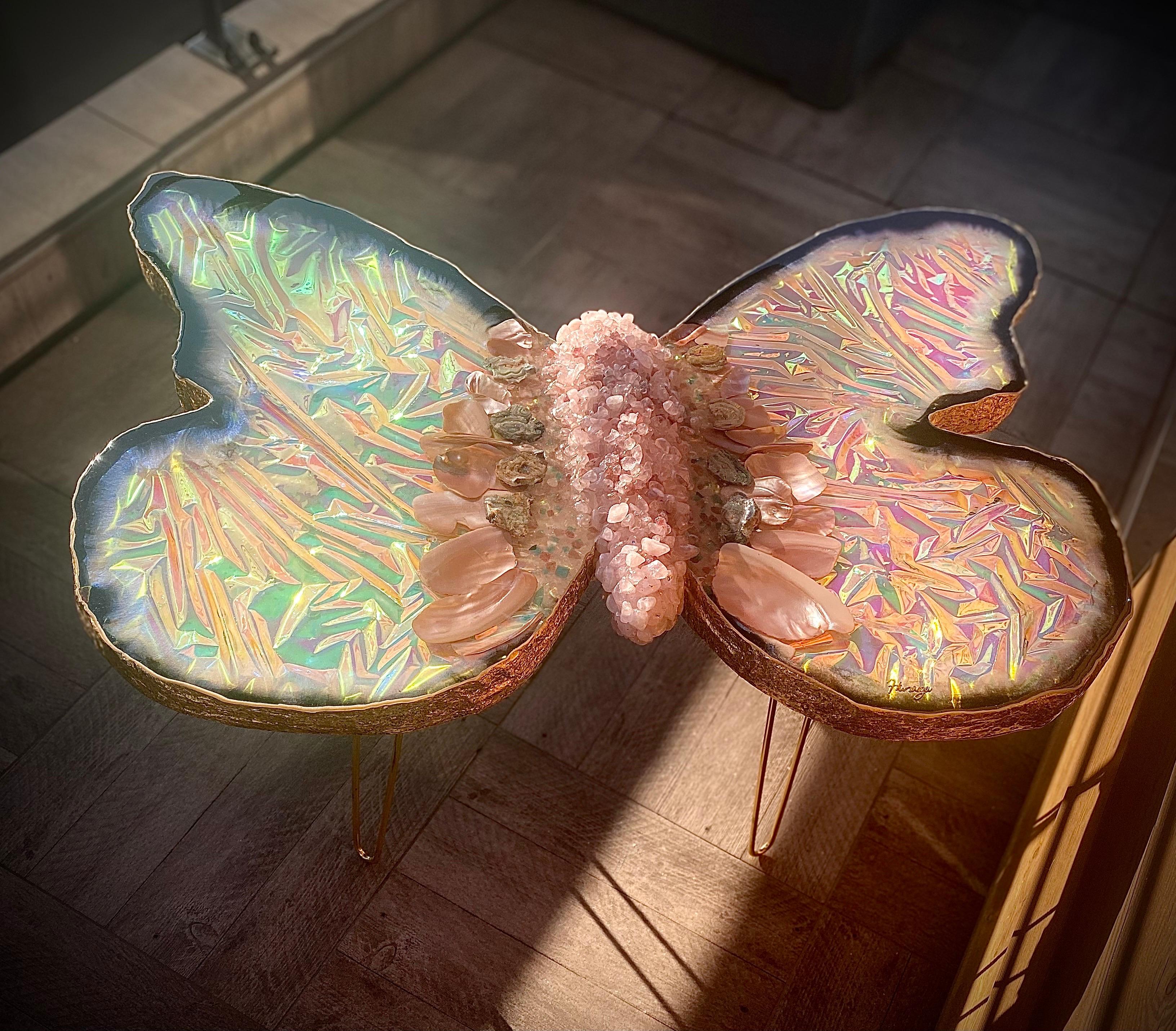 Mesa geoda de ópalo en forma de mariposa Acero inoxidable en venta