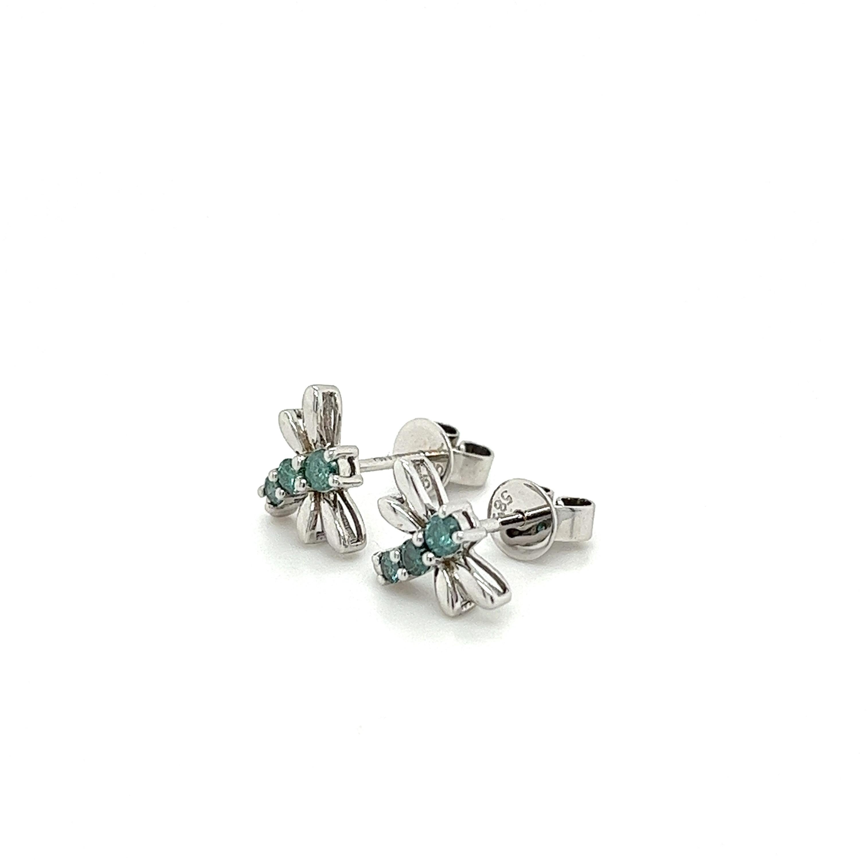 Modern Dragonfly Stud Earrings with Blue Diamonds in 14K White Gold For Sale