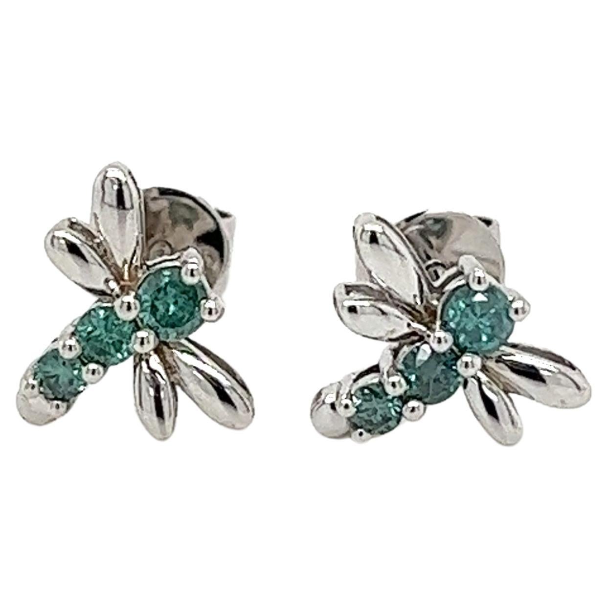 Dragonfly Stud Earrings with Blue Diamonds in 14K White Gold For Sale