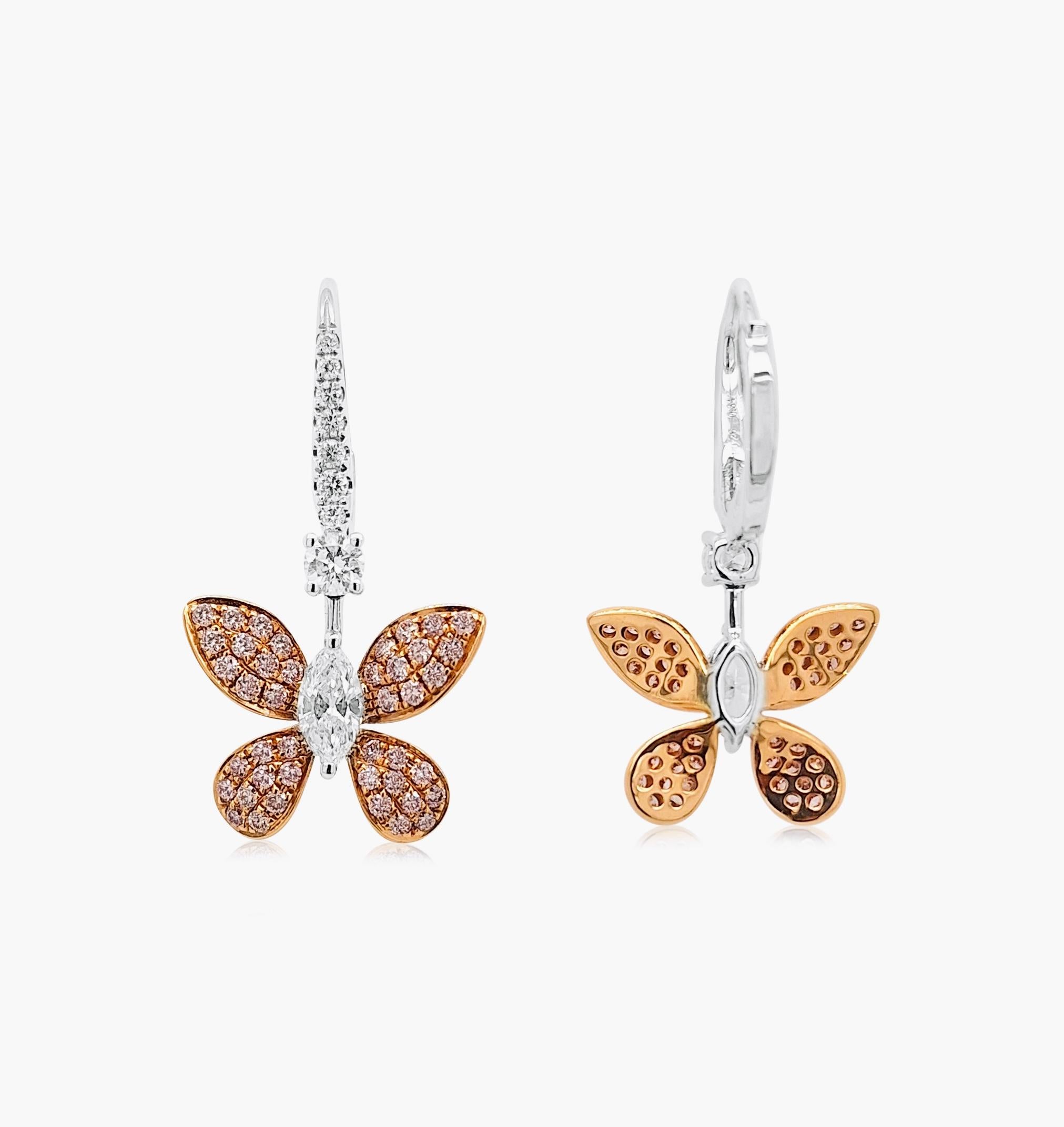 Pendientes estilo mariposa con raros diamantes Argyle Pink y diamantes White Contemporáneo en venta