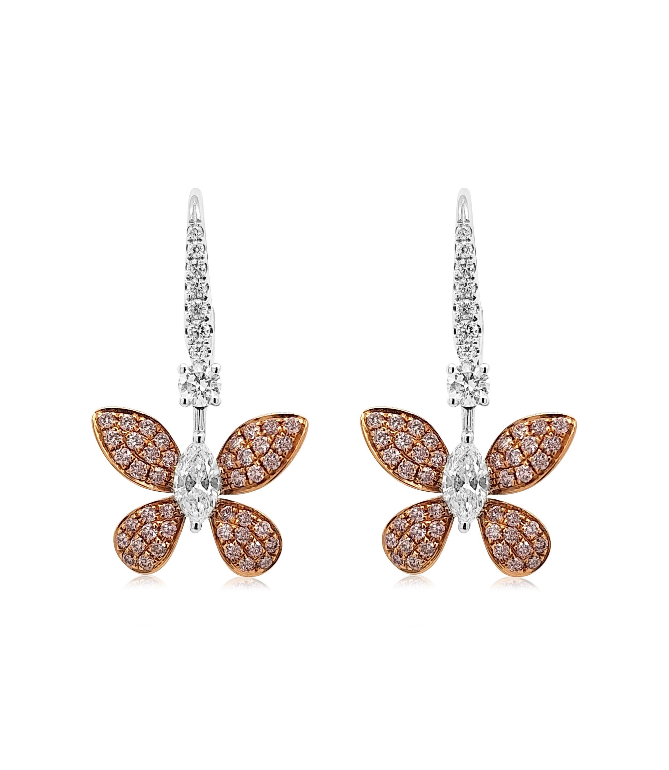 Pendientes estilo mariposa con raros diamantes Argyle Pink y diamantes White Corte redondo en venta