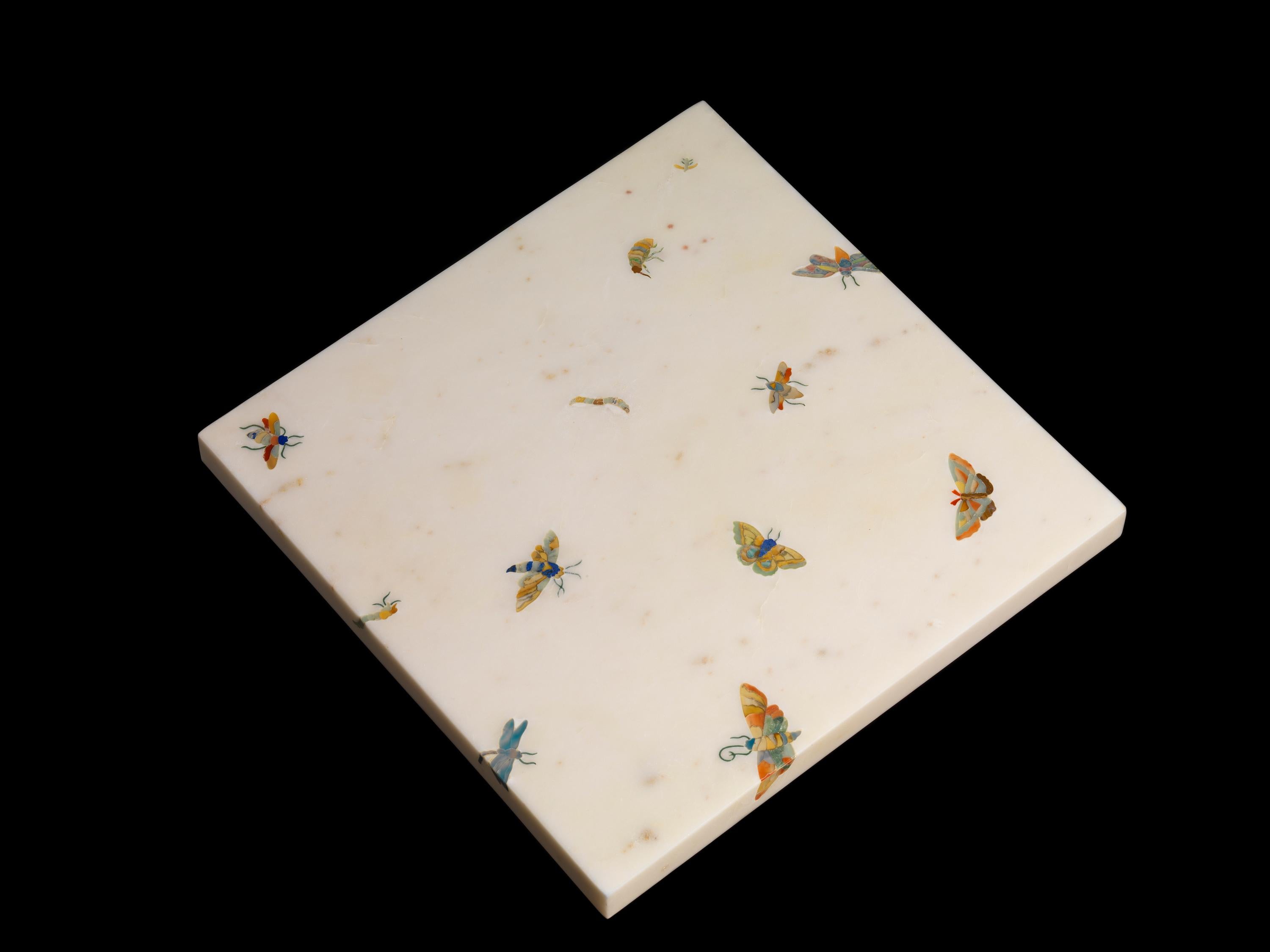 Butterfly Inlay Table In White Marble Handcrafted in India By Stephanie Odegard For Sale 2