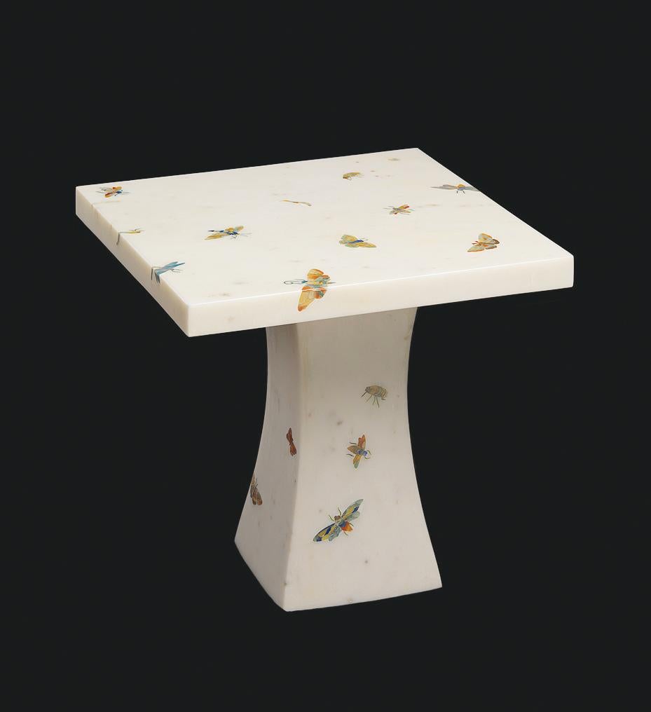 Contemporary Butterfly Inlay Table In White Marble Handcrafted in India By Stephanie Odegard For Sale