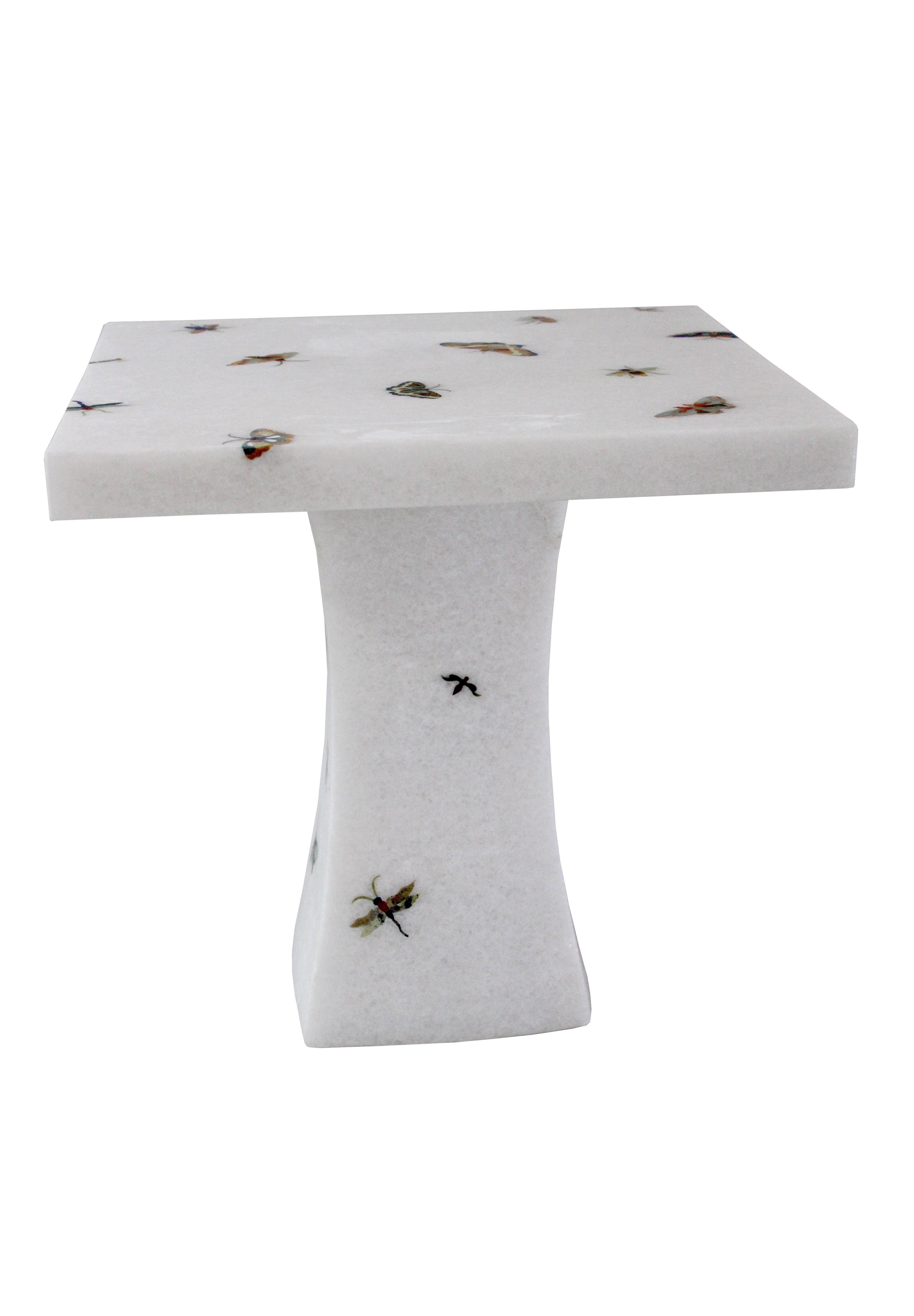 Indian Butterfly Inlay Table In White Marble Handcrafted in India By Stephanie Odegard For Sale