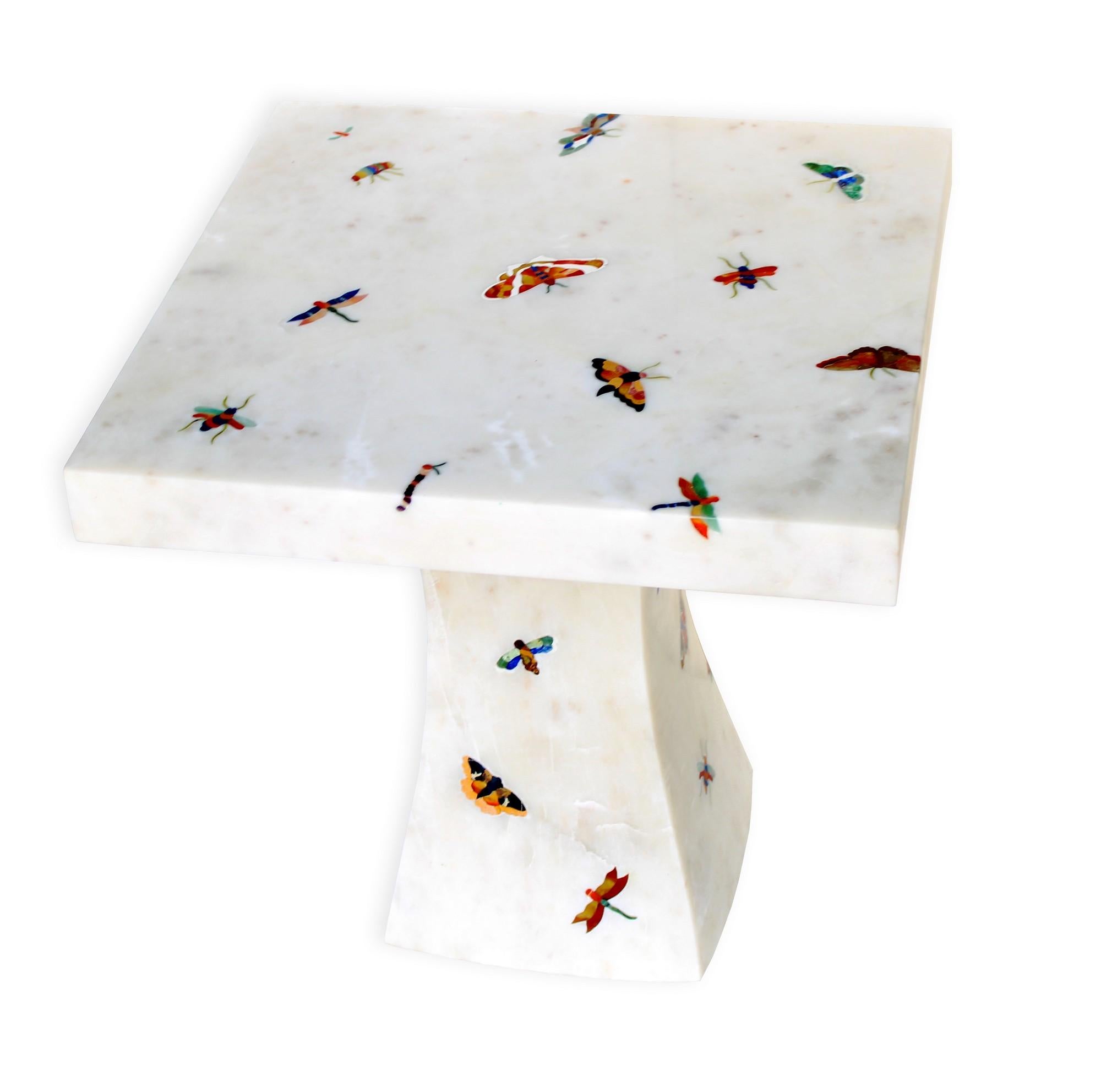 American Butterfly Inlay Table In White Marble Handcrafted in India By Stephanie Odegard For Sale