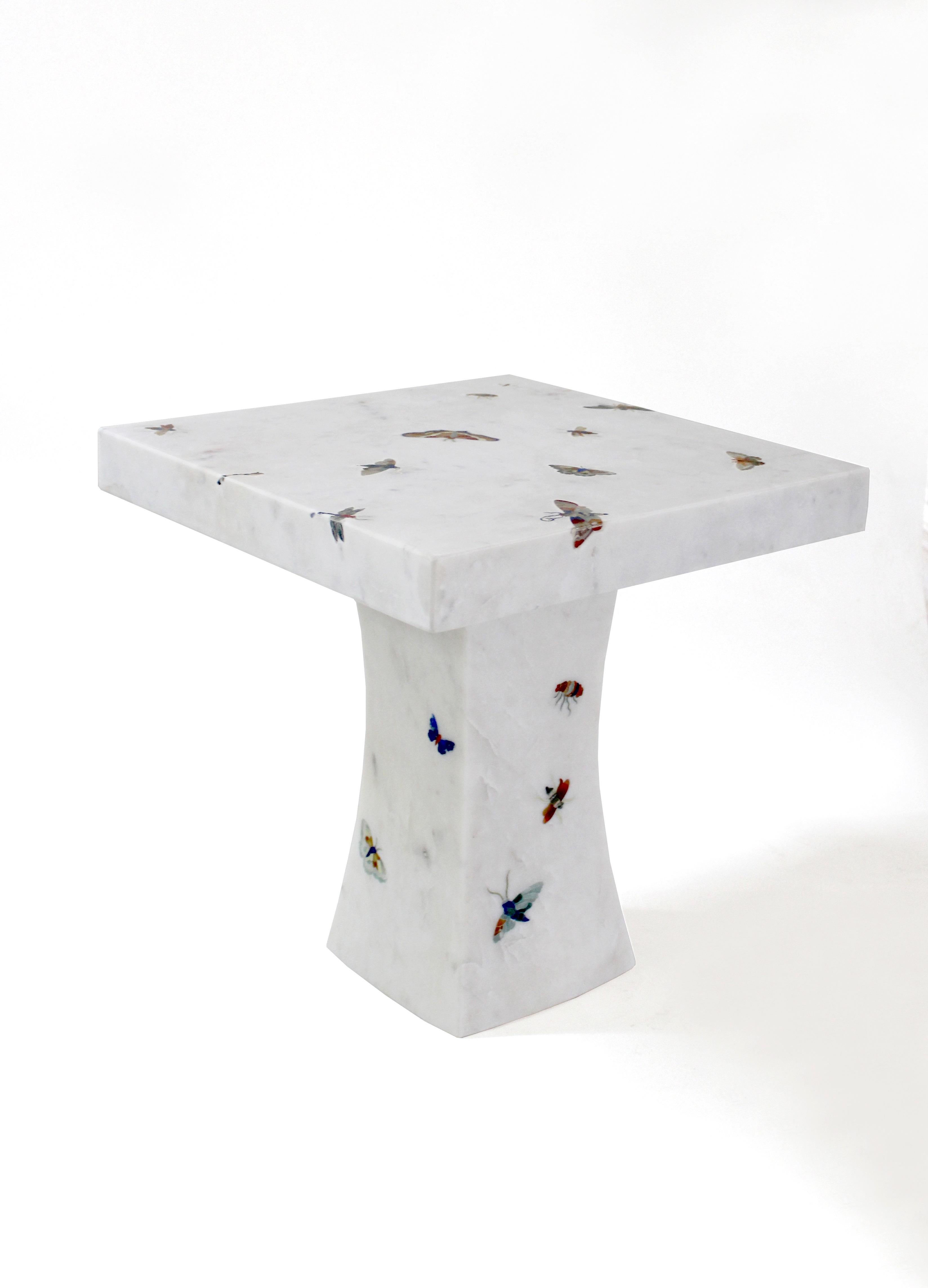 Hand-Carved Butterfly Inlay Table In White Marble Handcrafted in India By Stephanie Odegard For Sale