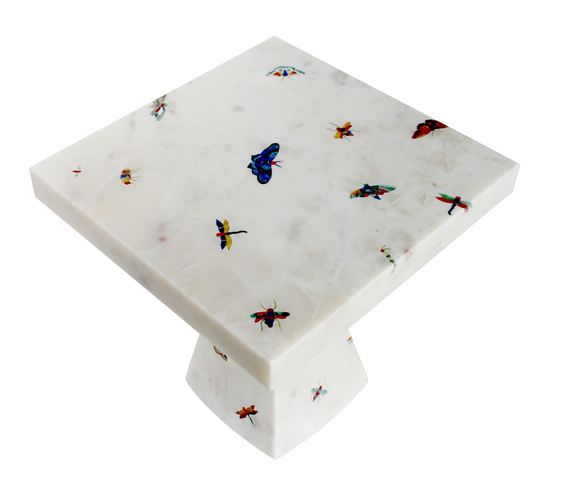 Hand-Carved Butterfly Inlay Table In White Marble Handcrafted in India By Stephanie Odegard For Sale