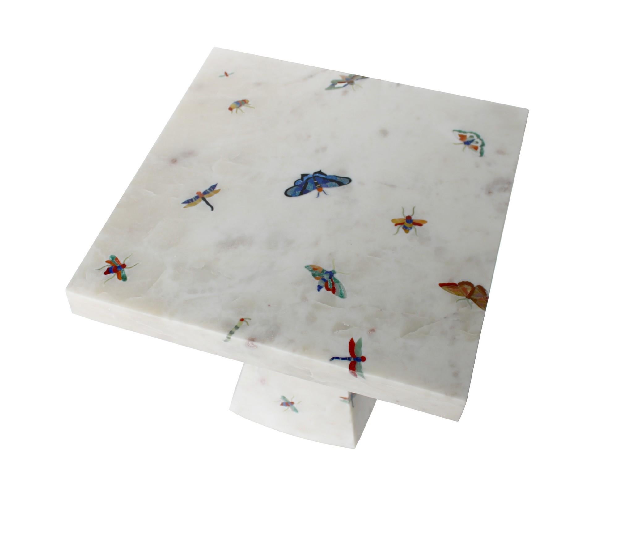 Butterfly Inlay Table In White Marble Handcrafted in India By Stephanie Odegard In New Condition For Sale In New York, NY