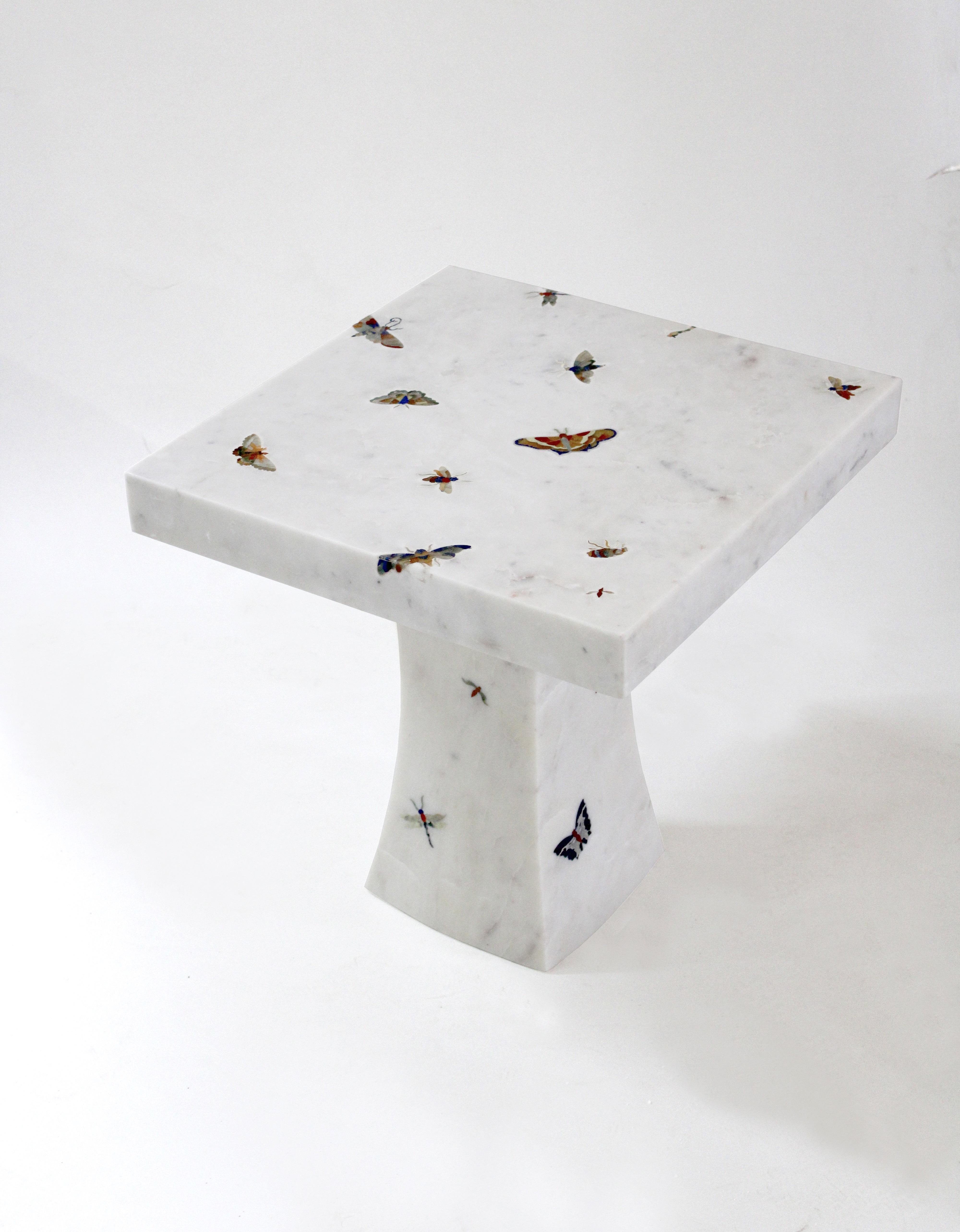 Contemporary Butterfly Inlay Table In White Marble Handcrafted in India By Stephanie Odegard For Sale