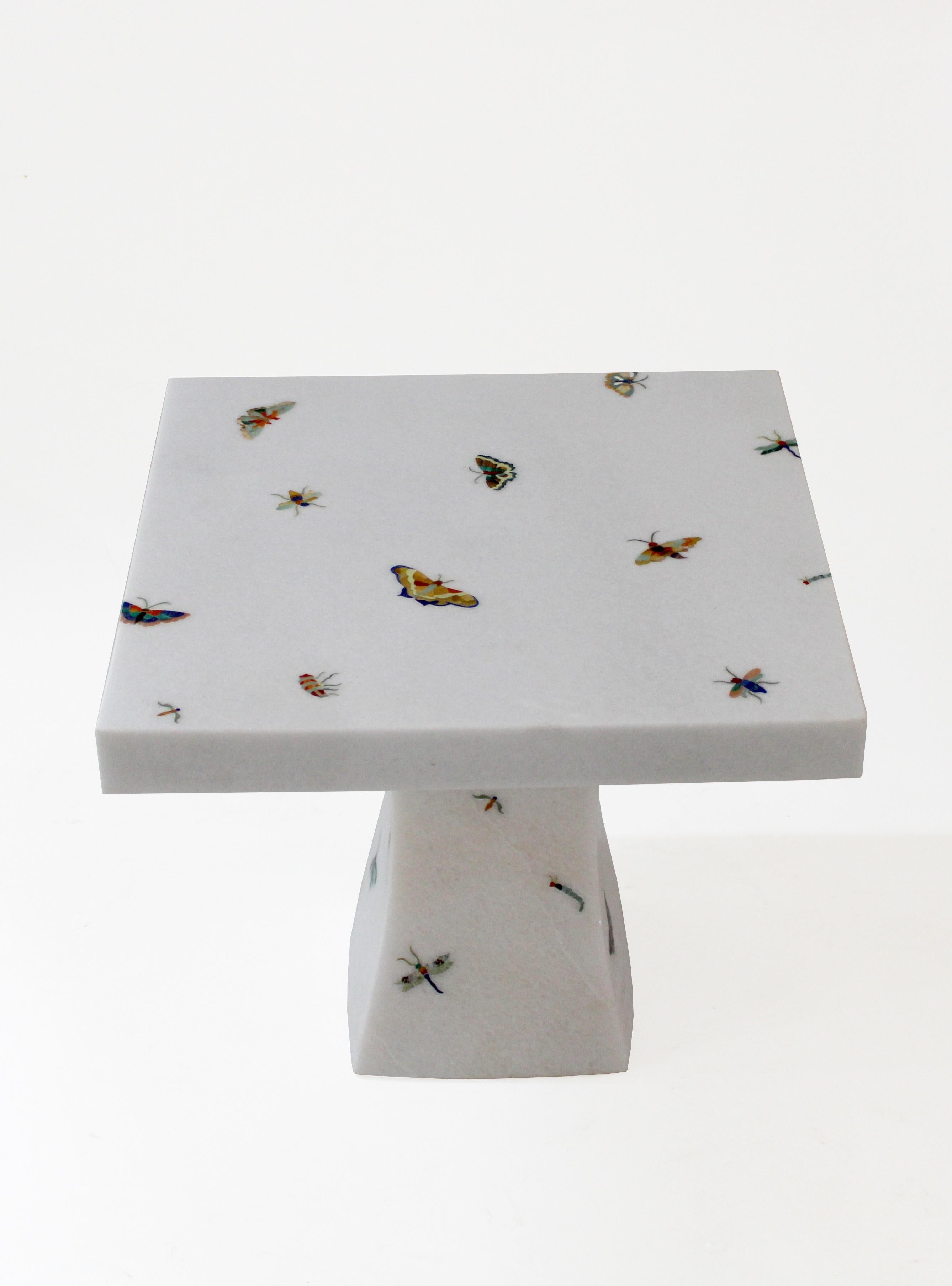 Butterfly Inlay Table In White Marble Handcrafted in India By Stephanie Odegard For Sale 2