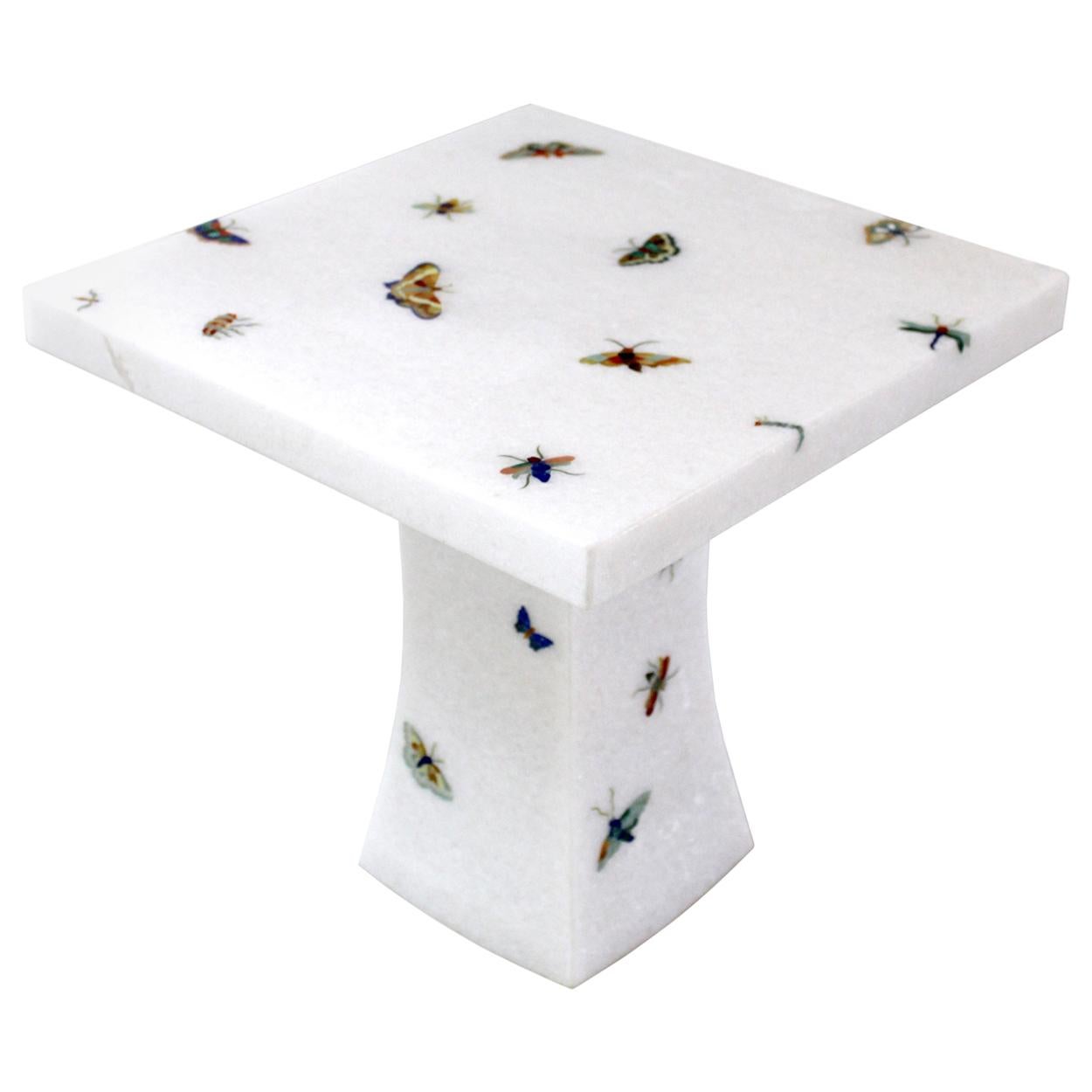 Butterfly Inlay Table In White Marble Handcrafted in India By Stephanie Odegard For Sale