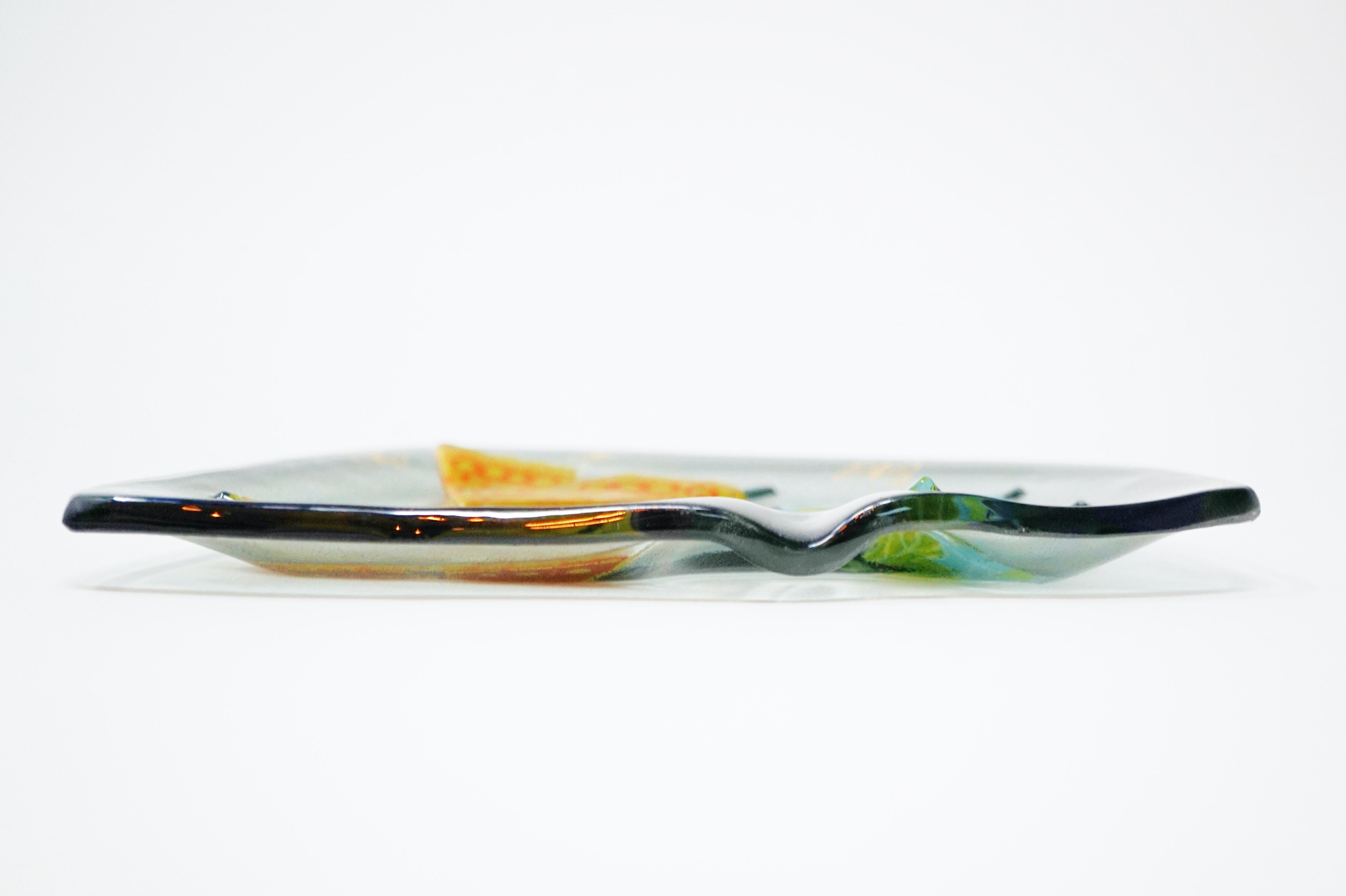 American Butterfly Themed Fused Art Glass Ashtray by Higgins, Signed, circa 1950s