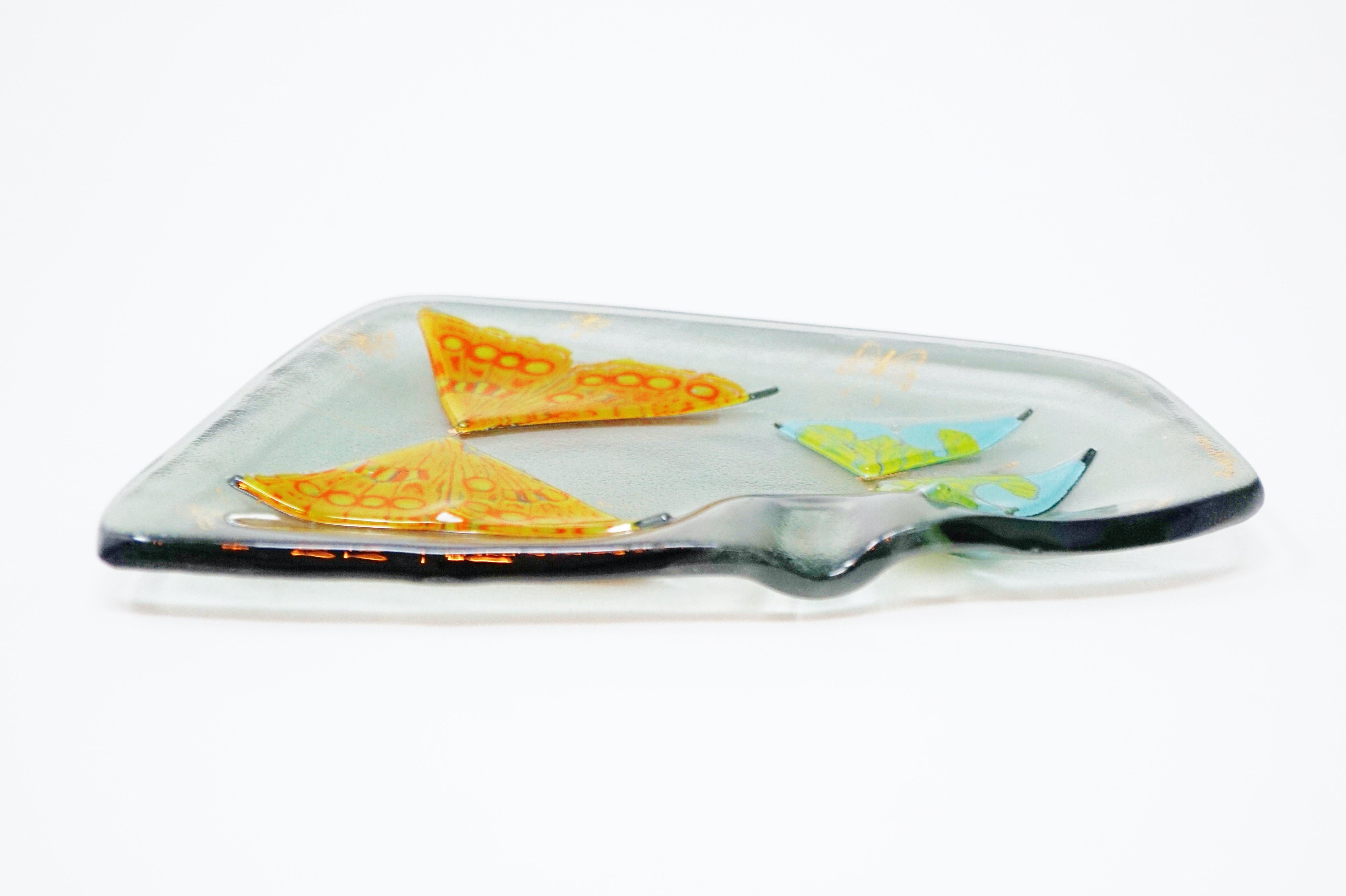 Butterfly Themed Fused Art Glass Ashtray by Higgins, Signed, circa 1950s In Good Condition In McKinney, TX