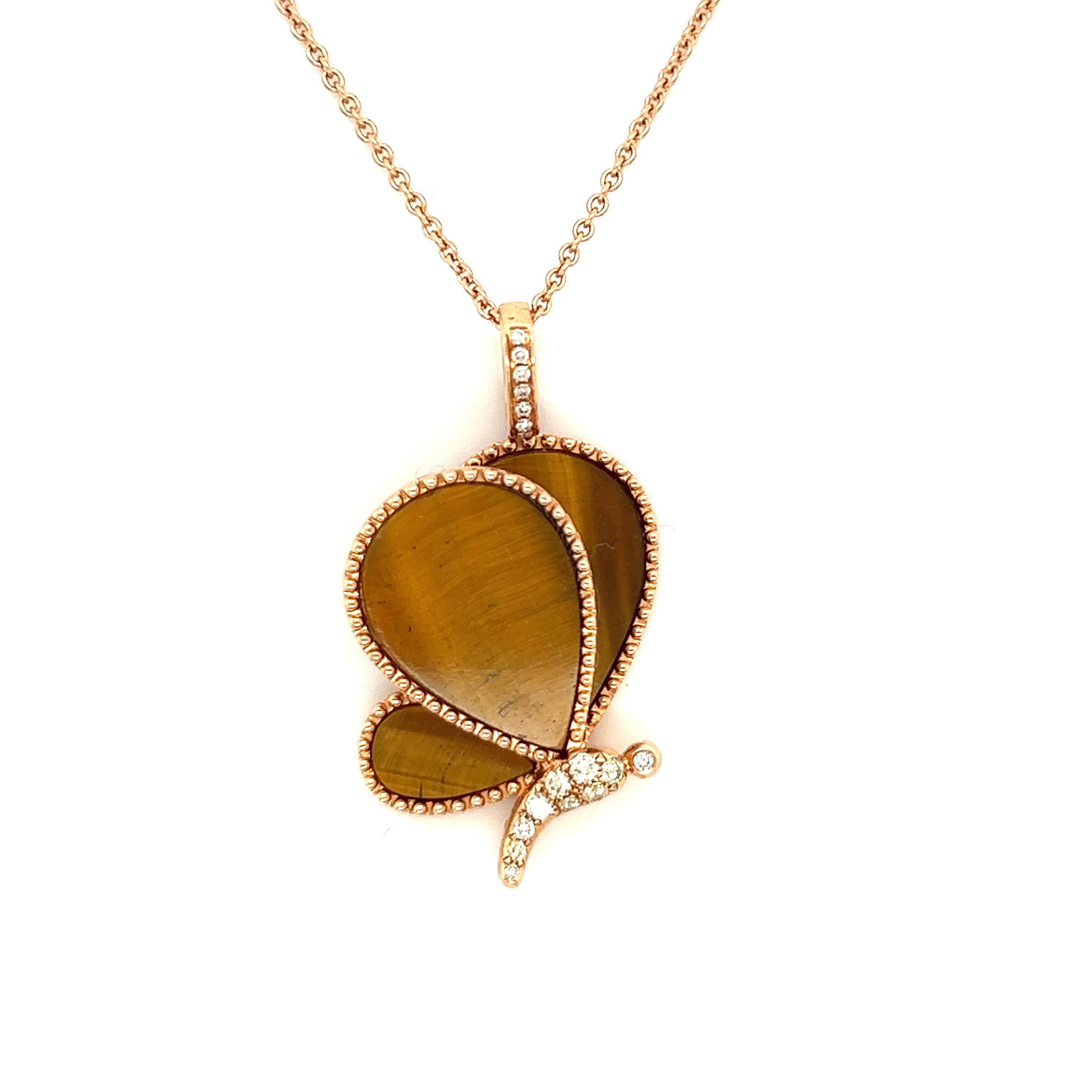 Women's or Men's Butterfly Tiger Eye Stone 18k Rose Gold Diamond Necklace For Sale