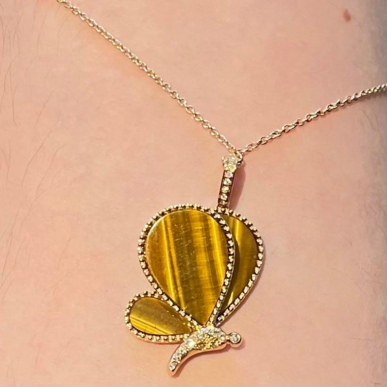 Butterfly Tiger Eye Stone 18k Rose Gold Diamond Necklace For Sale 1