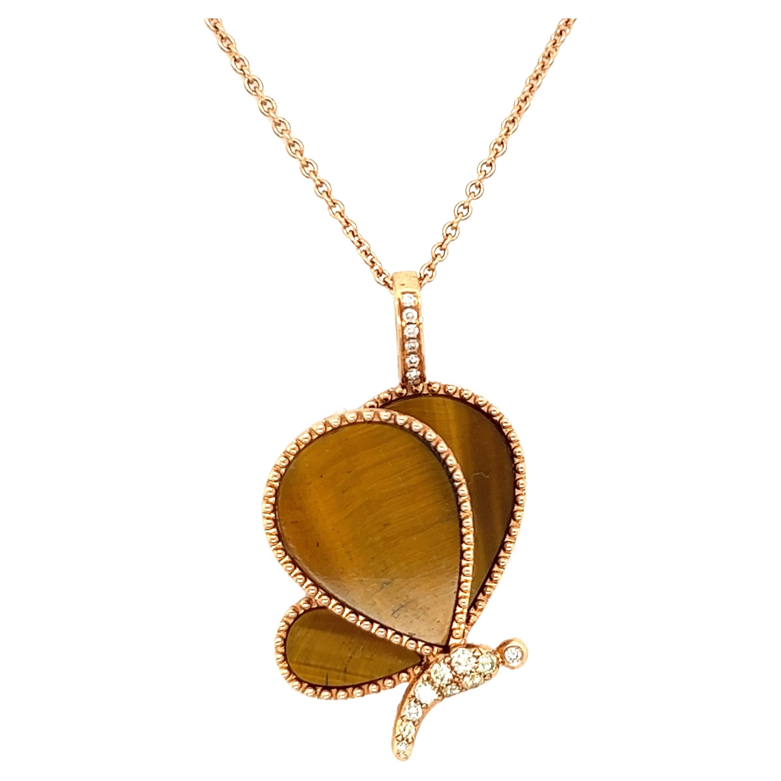 Butterfly Tiger Eye Stone 18k Rose Gold Diamond Necklace For Sale
