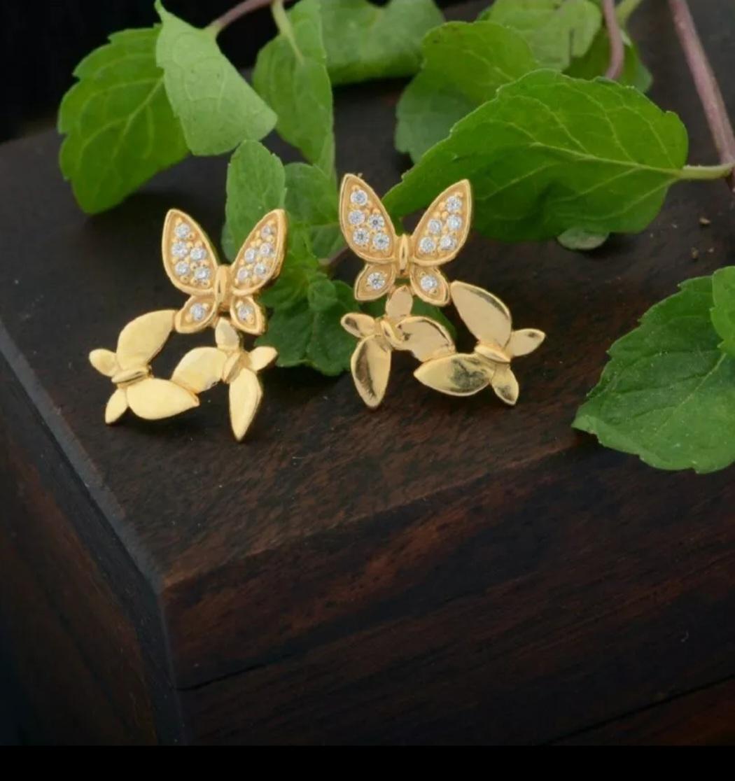 Butterfly Tiny Stud Earrings 14k Solid Gold Diamond Designer Wedding Jewelry For Sale 5