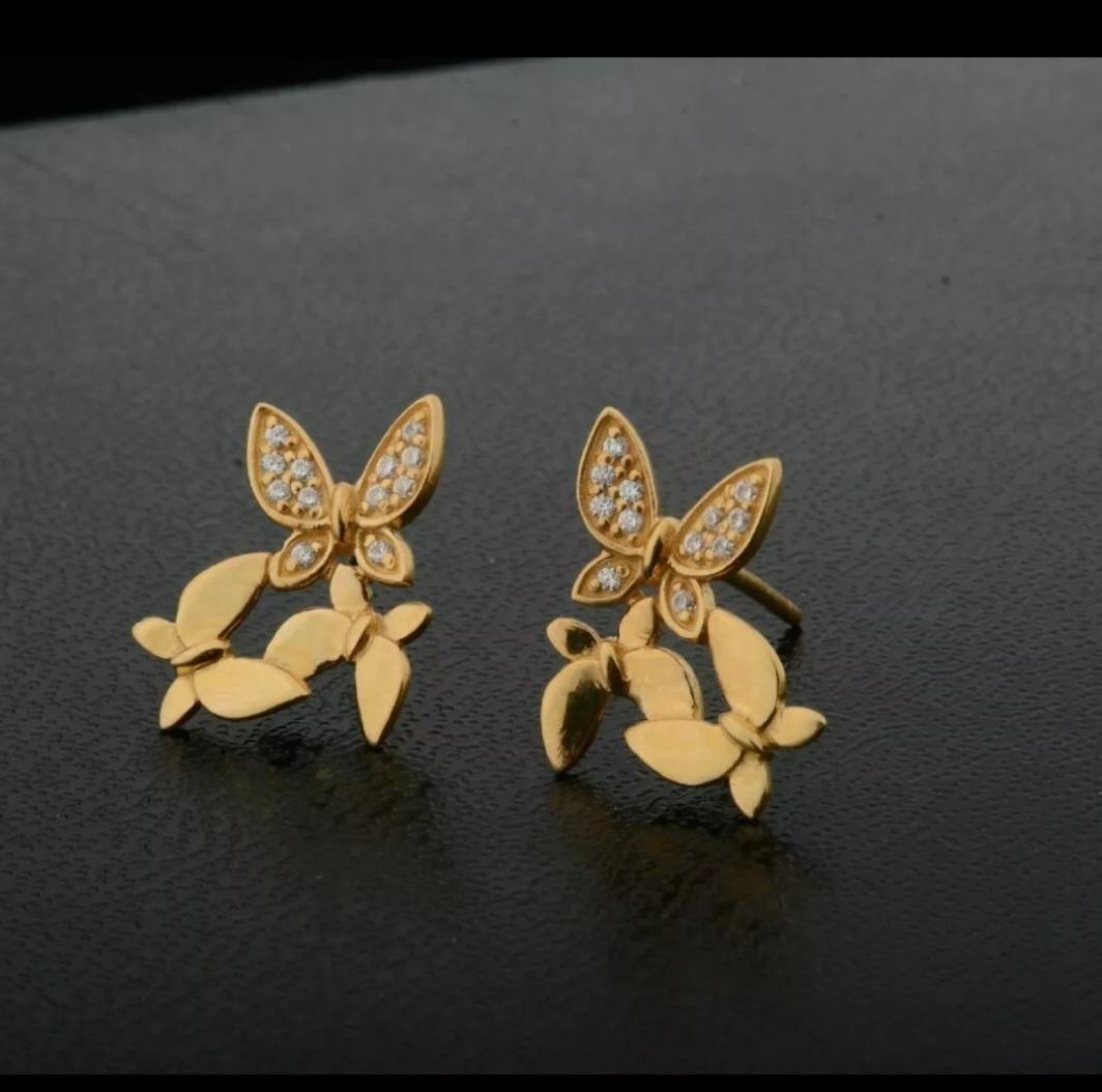 Art Deco Butterfly Tiny Stud Earrings 14k Solid Gold Diamond Designer Wedding Jewelry For Sale