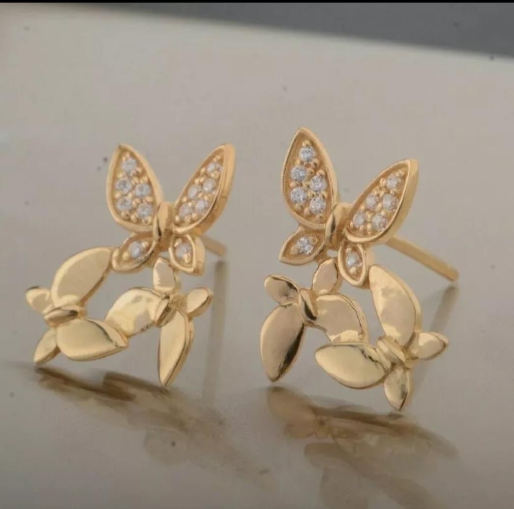 Butterfly Tiny Stud Earrings 14k Solid Gold Diamond Designer Wedding Jewelry For Sale 3