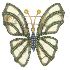Retro Butterfly Tsavorite Sapphires 18 Karat Yellow Gold Brooch