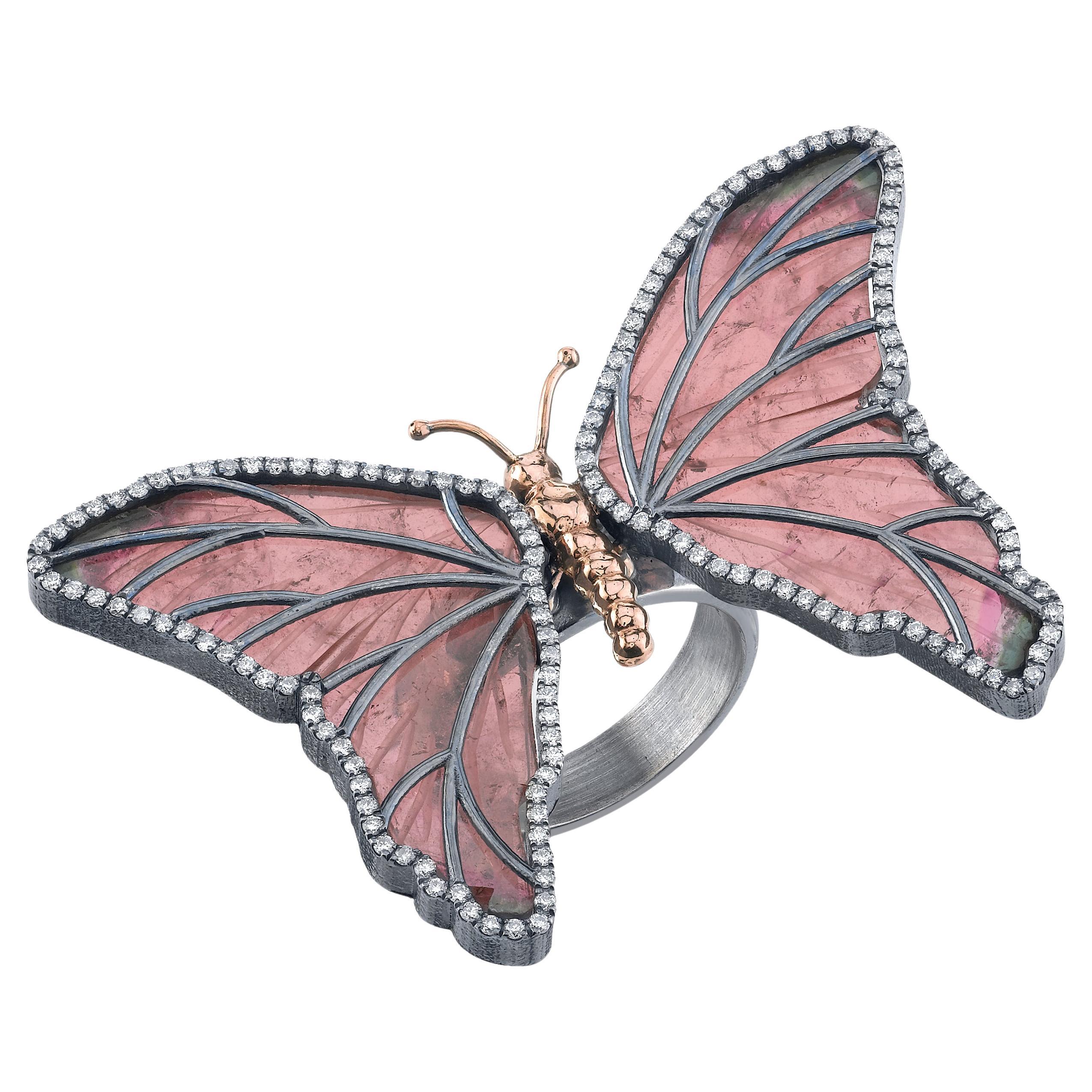 Butterfly Watermelon Tourmaline and Diamond Ring For Sale
