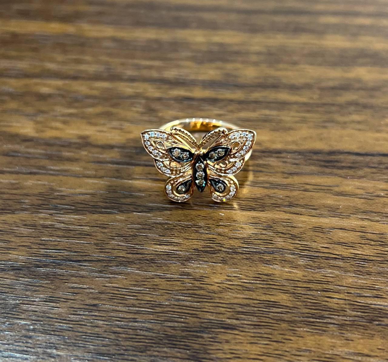 Butterfly White Champagne Brown Diamonds 14K Rose Gold Statement Fun Ring For Sale 2
