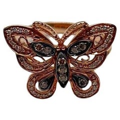 Butterfly White Champagne Brown Diamonds 14K Rose Gold Statement Fun Ring