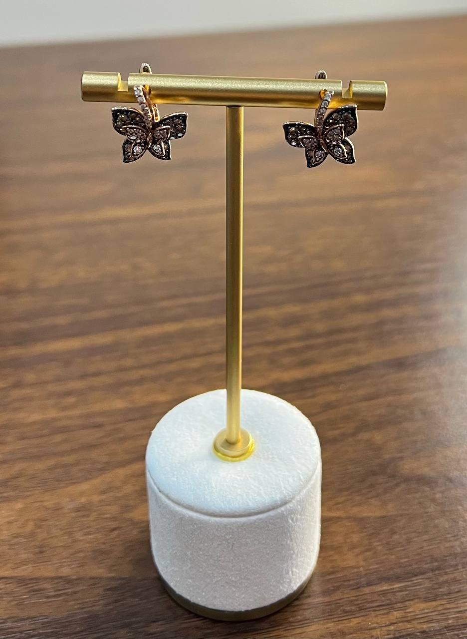Women's Butterfly White Champagne Diamond Pave Set Split Shank 14K Yellow Gold Earrings For Sale