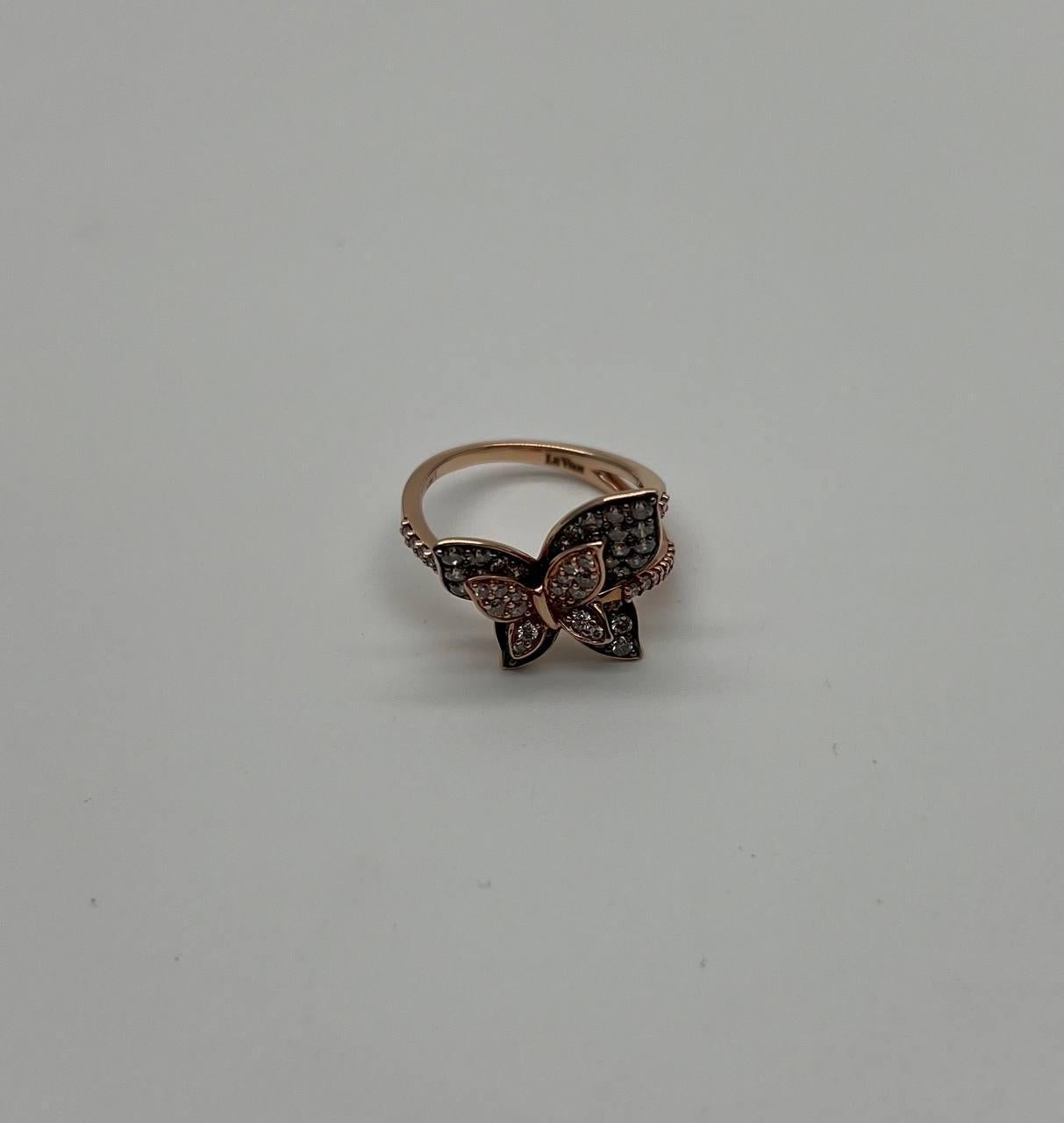 Butterfly White Champagne Diamond Pave Set Split Shank 14K Yellow Gold Ring For Sale 7