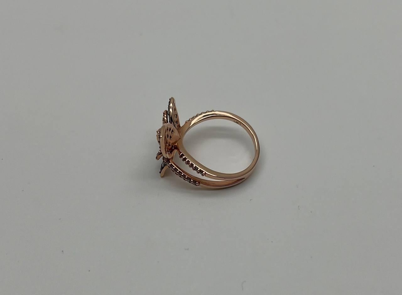 Butterfly White Champagne Diamond Pave Set Split Shank 14K Yellow Gold Ring For Sale 8