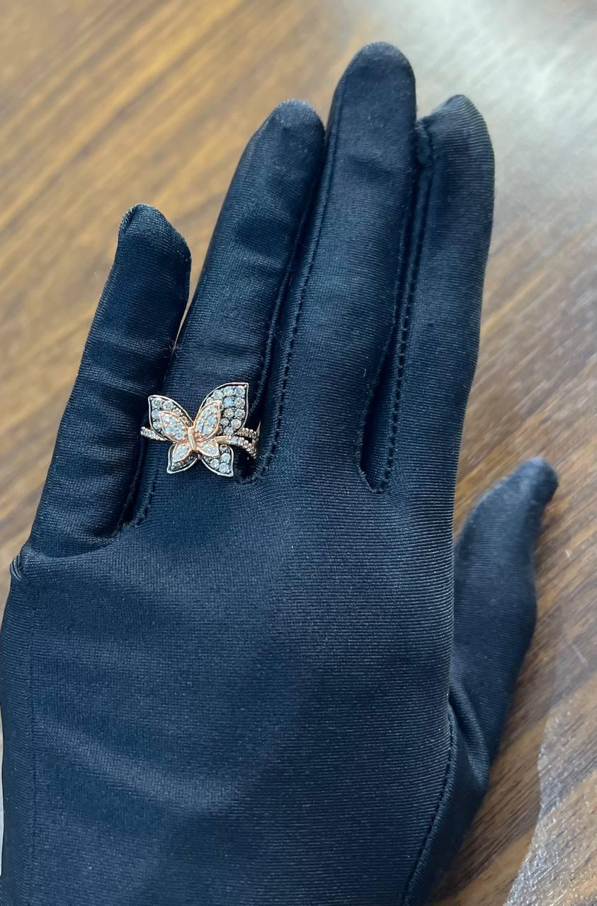 Butterfly White Champagne Diamond Pave Set Split Shank 14K Yellow Gold Ring For Sale 10