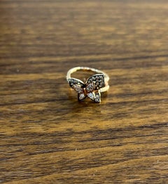 Butterfly White Champagne Diamond Pave Set Split Shank 14K Yellow Gold Ring