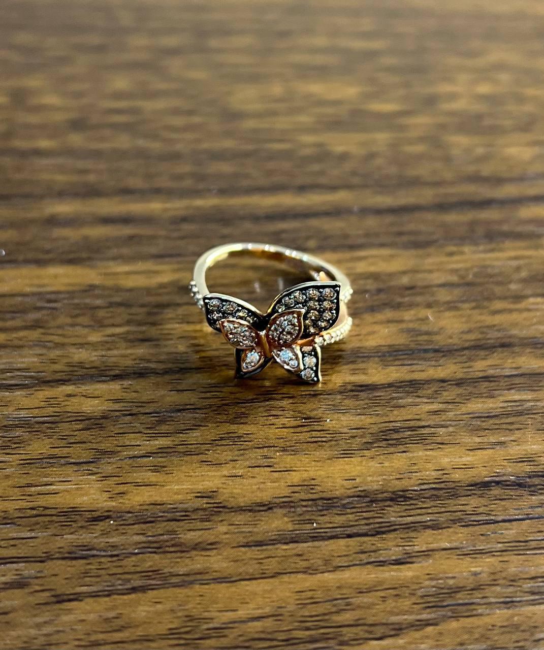 Mixed Cut Butterfly White Champagne Diamond Pave Set Split Shank 14K Yellow Gold Ring For Sale