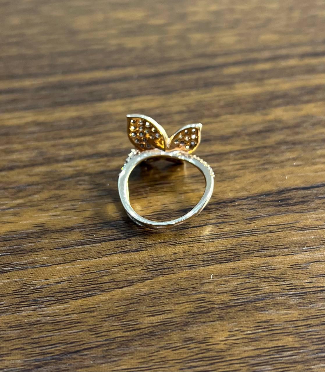 Butterfly White Champagne Diamond Pave Set Split Shank 14K Yellow Gold Ring For Sale 1