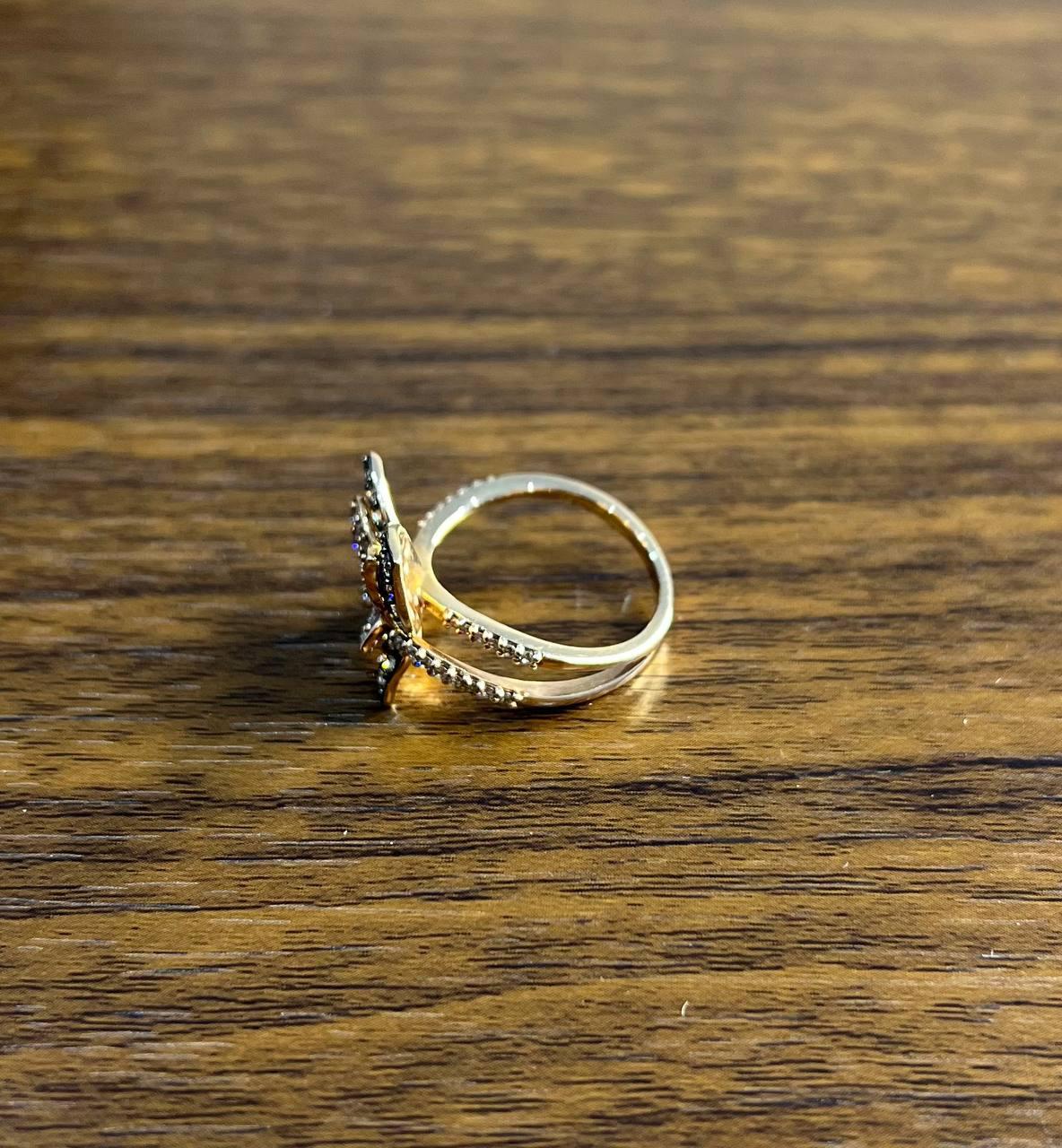 Butterfly White Champagne Diamond Pave Set Split Shank 14K Yellow Gold Ring For Sale 3