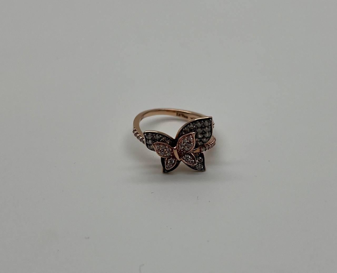 Butterfly White Champagne Diamond Pave Set Split Shank 14K Yellow Gold Ring For Sale 4