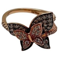 Butterfly White Champagne Diamond Pave Set Split Shank 14K Yellow Gold Ring