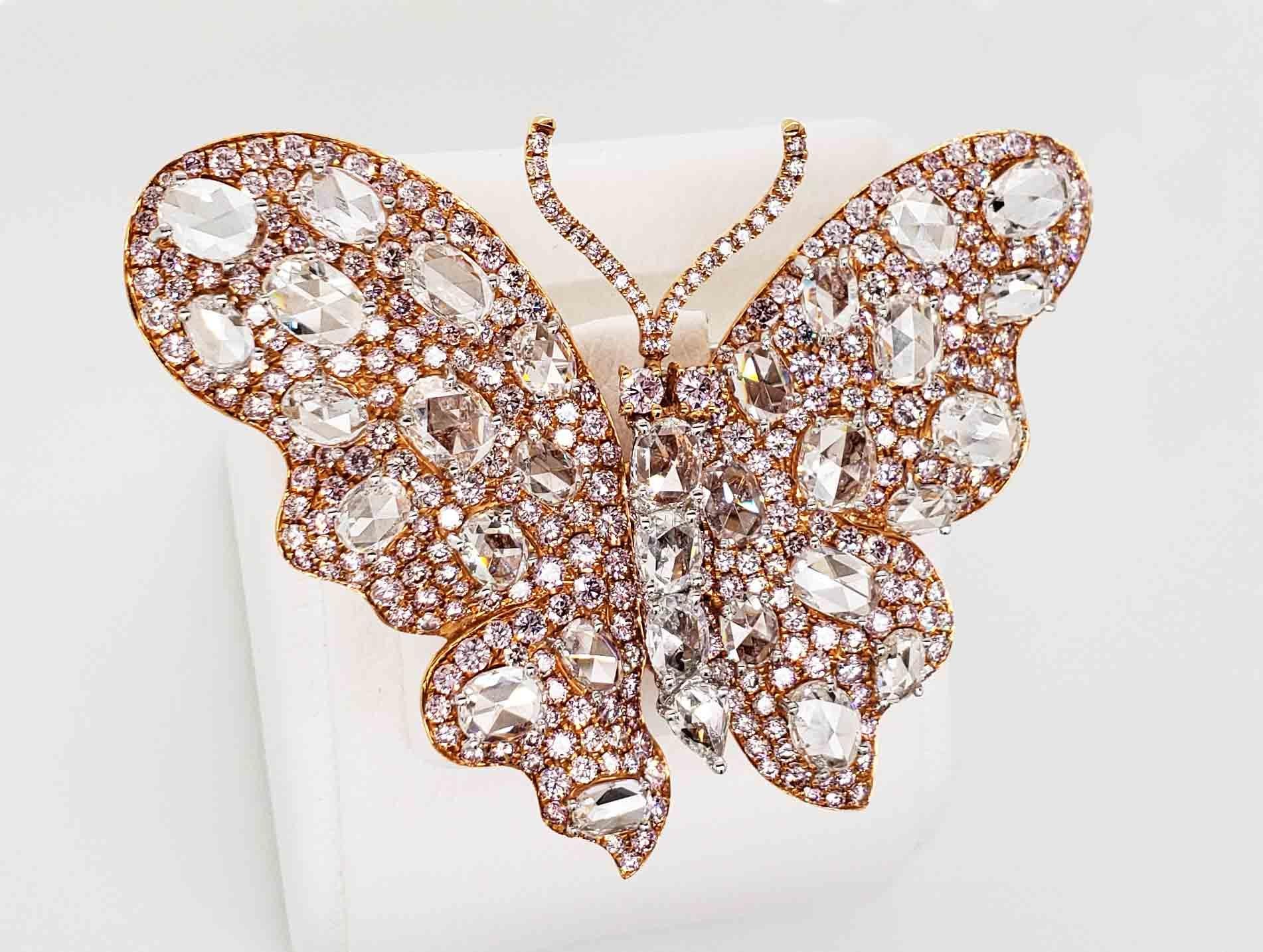 Women's Butterfly White Diamond and Pink Diamond Rose Gold Brooch