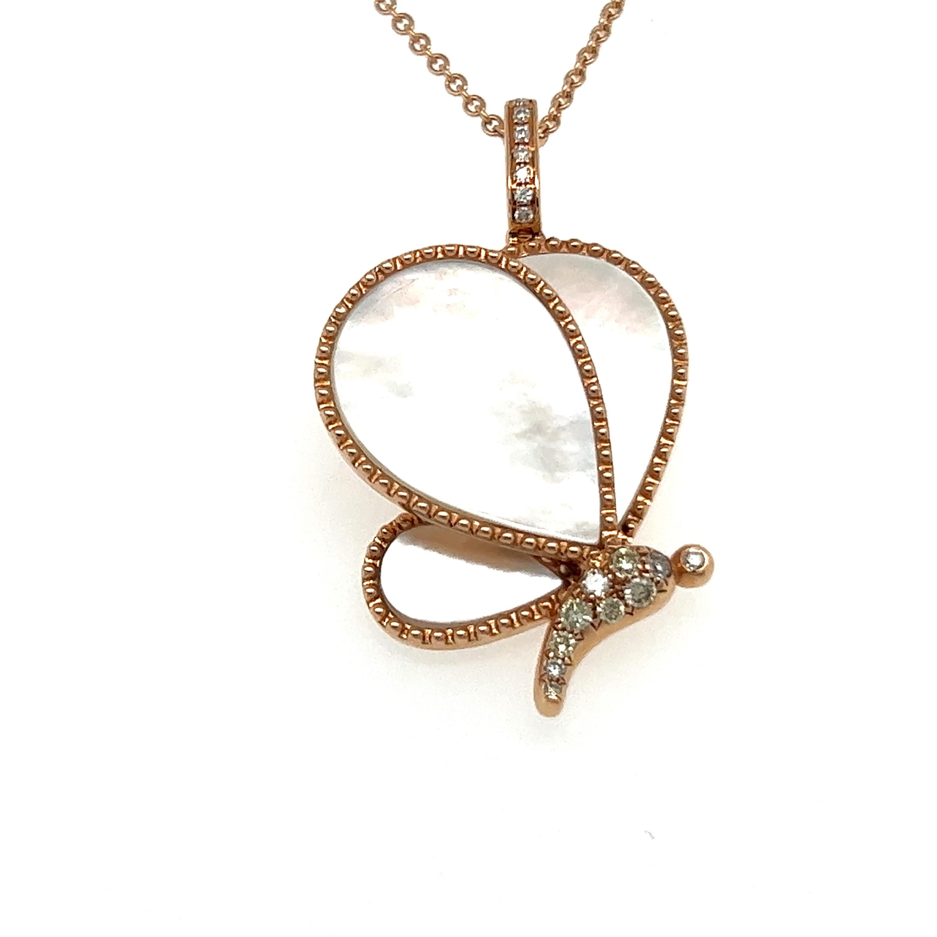 Butterfly White Shell 18K Rose Gold Necklace
8 Diamonds -  0.04CT
9 Fancy Diamonds -  0.14CT
3 White Pearls -  6.32CT
18K Rose Gold -  7.76 GM

Precious white shell is used to wish people good luck. If given to a sailor, a White Pearls necklace is