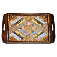Antique Butterfly Wing and Inlaid Wood Tray