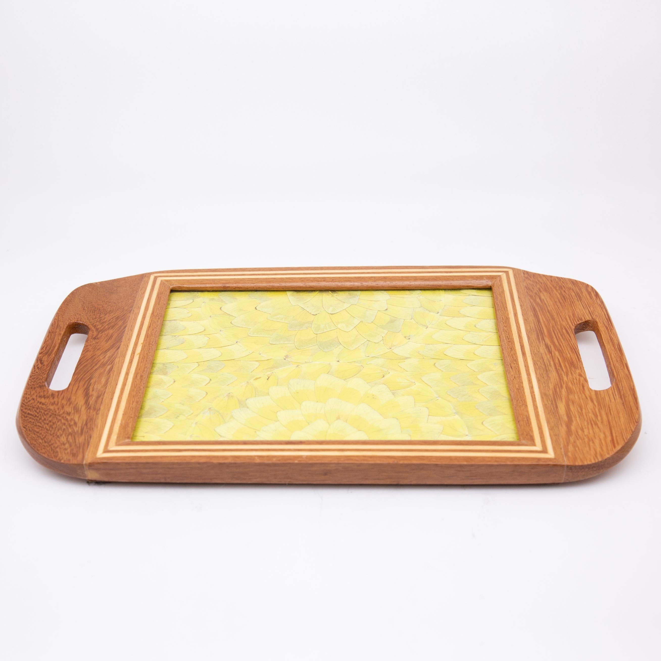 Butterfly wing tray. Handmade wooden tray with radiating yellow butterfly wings enclosed in glass.

Measures: 15