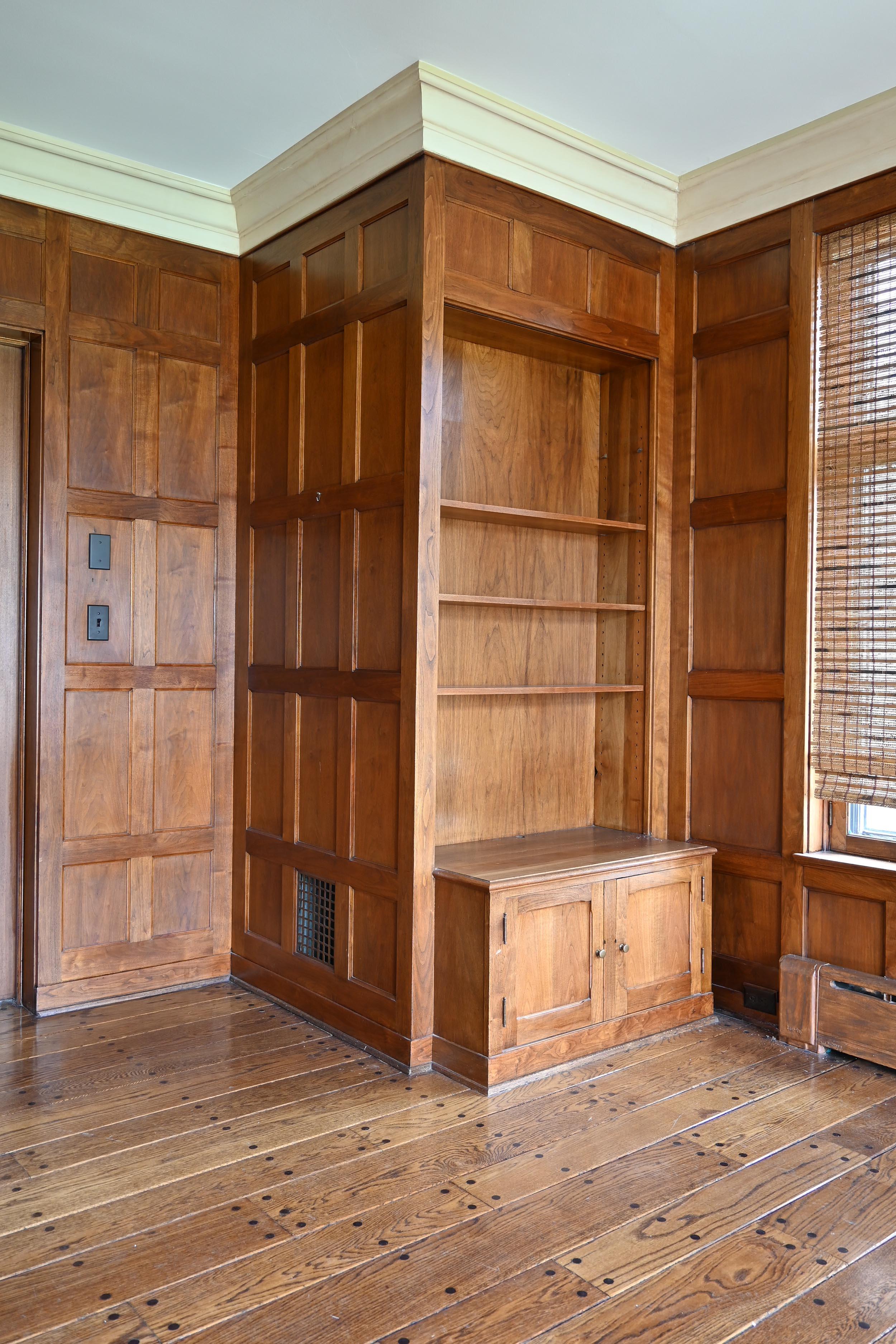 Butternut 'White Walnut' 1929 Paneled Library with Bookcases & Doors Complete For Sale 2