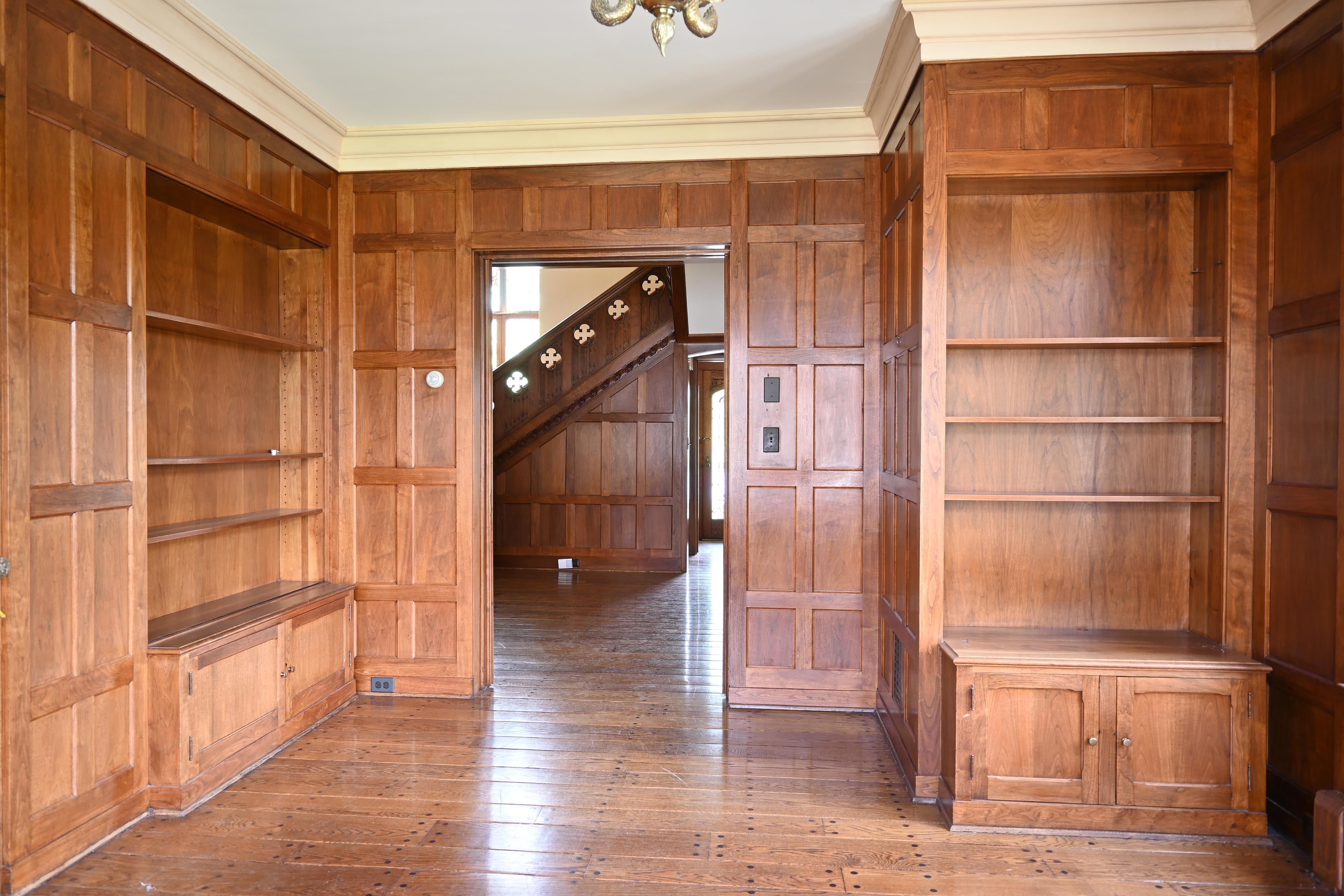Arts and Crafts Butternut 'White Walnut' 1929 Paneled Library with Bookcases & Doors Complete For Sale