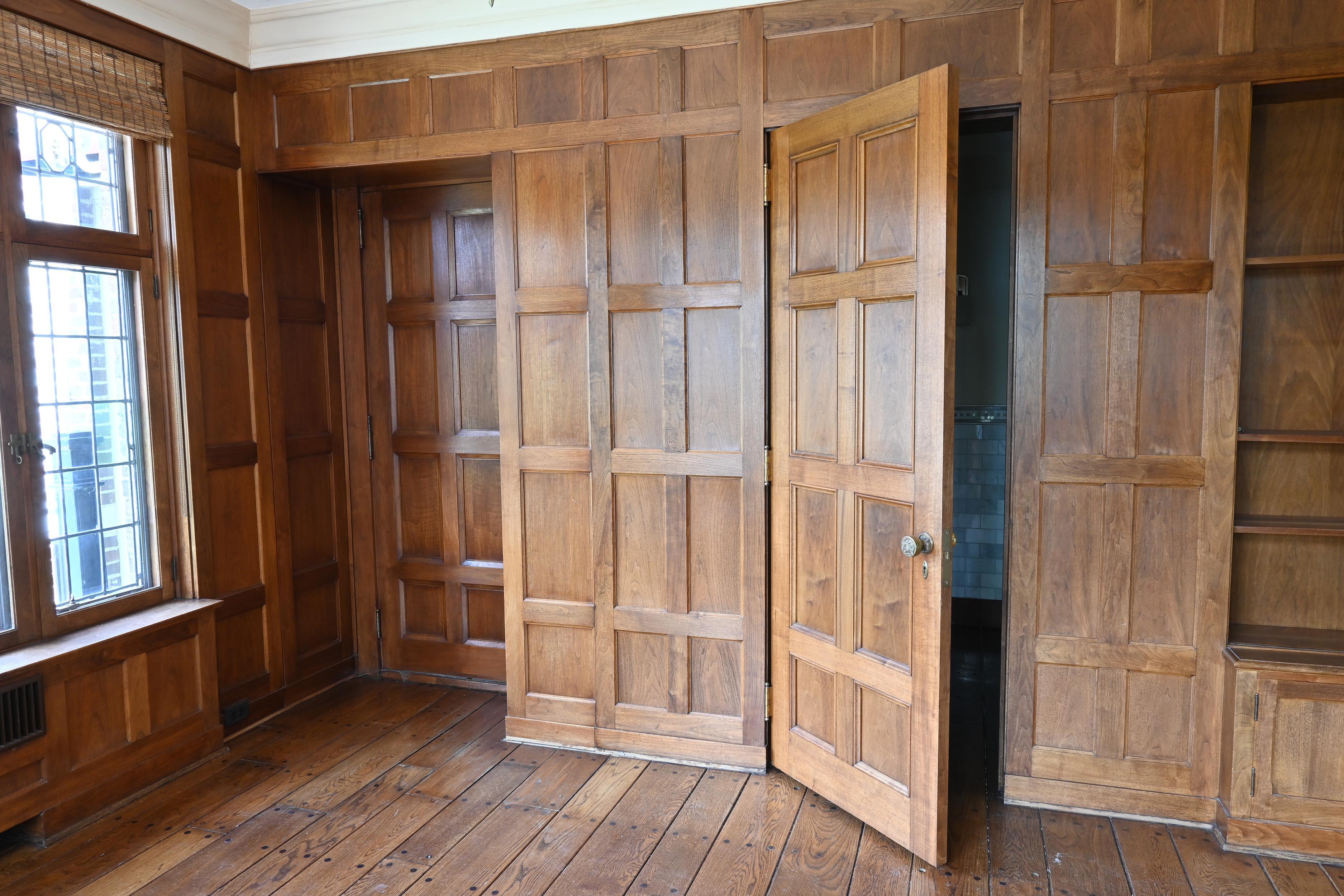 Cast Butternut 'White Walnut' 1929 Paneled Library with Bookcases & Doors Complete For Sale