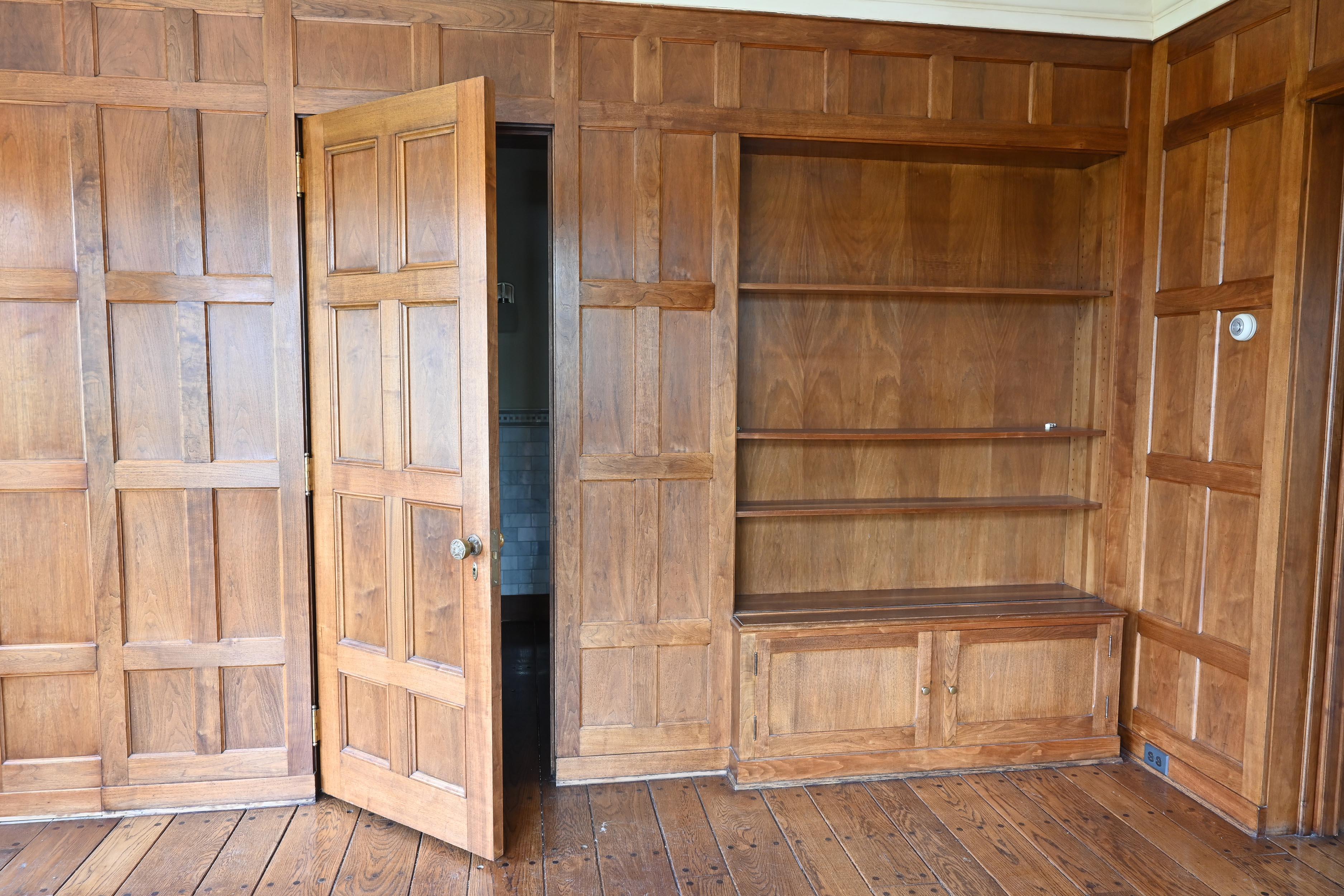Early 20th Century Butternut 'White Walnut' 1929 Paneled Library with Bookcases & Doors Complete For Sale