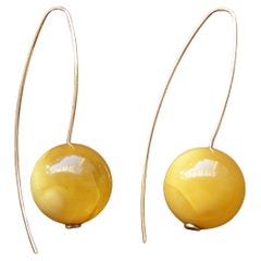 Butterscotch Amber Bead Drop Earrings in Yellow Gold