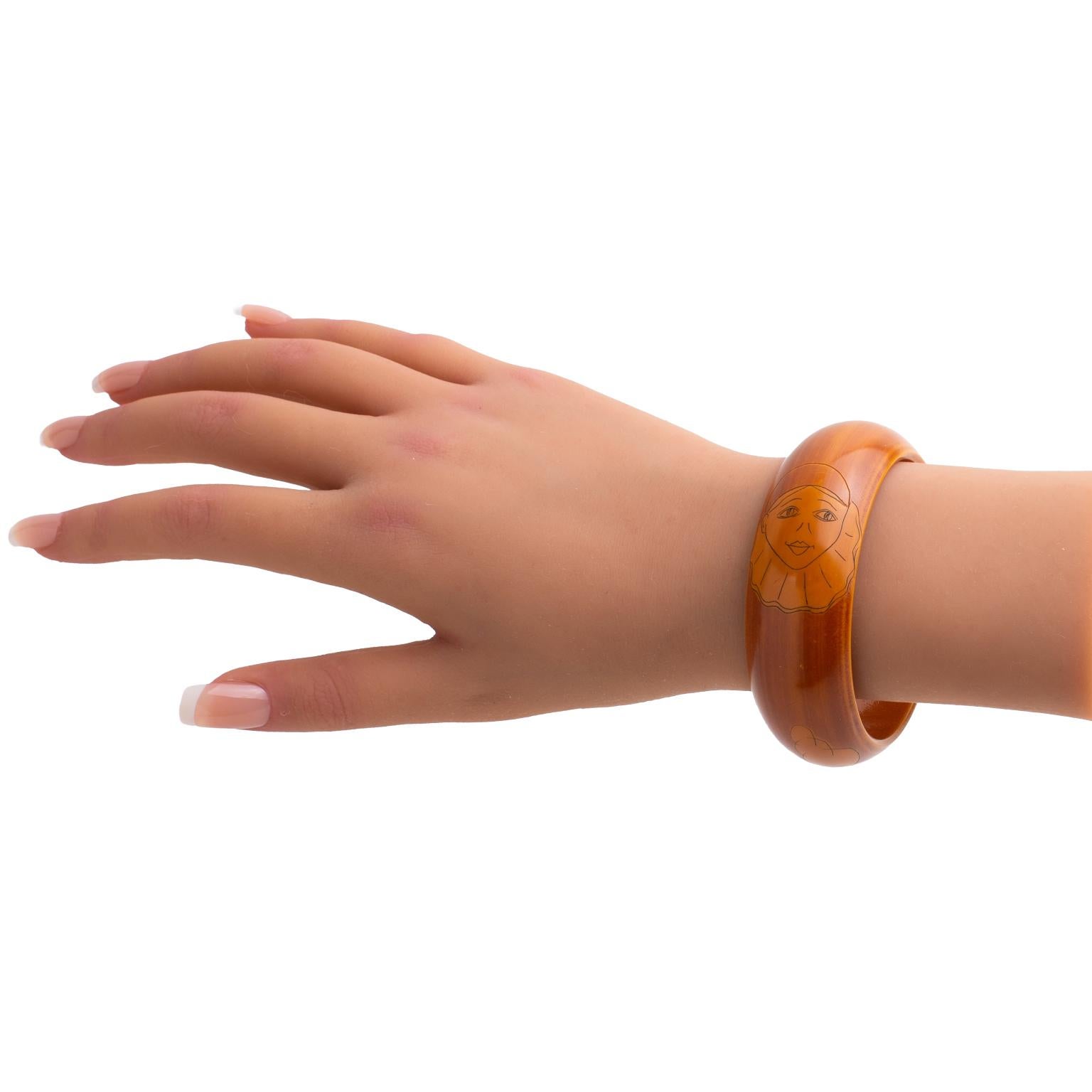 Butterscotch Bakelite Bracelet Bangle with Pierrot Design by Butler and Wilson For Sale 7